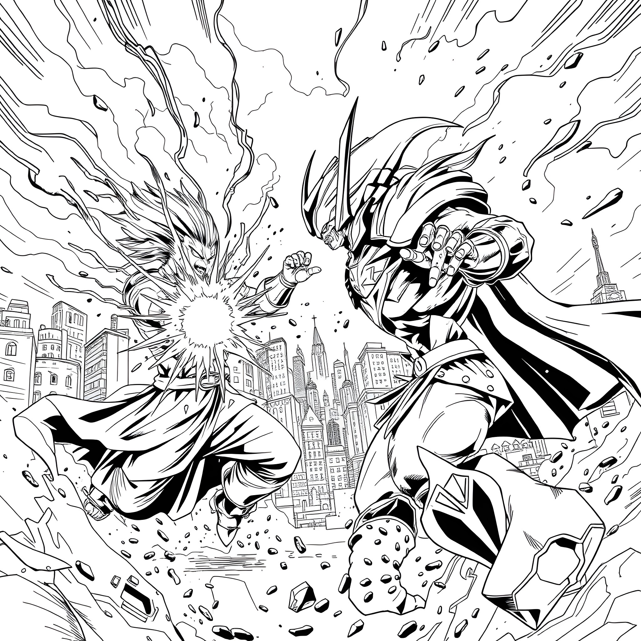 Songogu: Explosive Clash of Powerful Figures Coloring Page (free black-and-white line drawing printable PDF for all, from beginners to advanced learners, including children, teens, adults, and seniors)