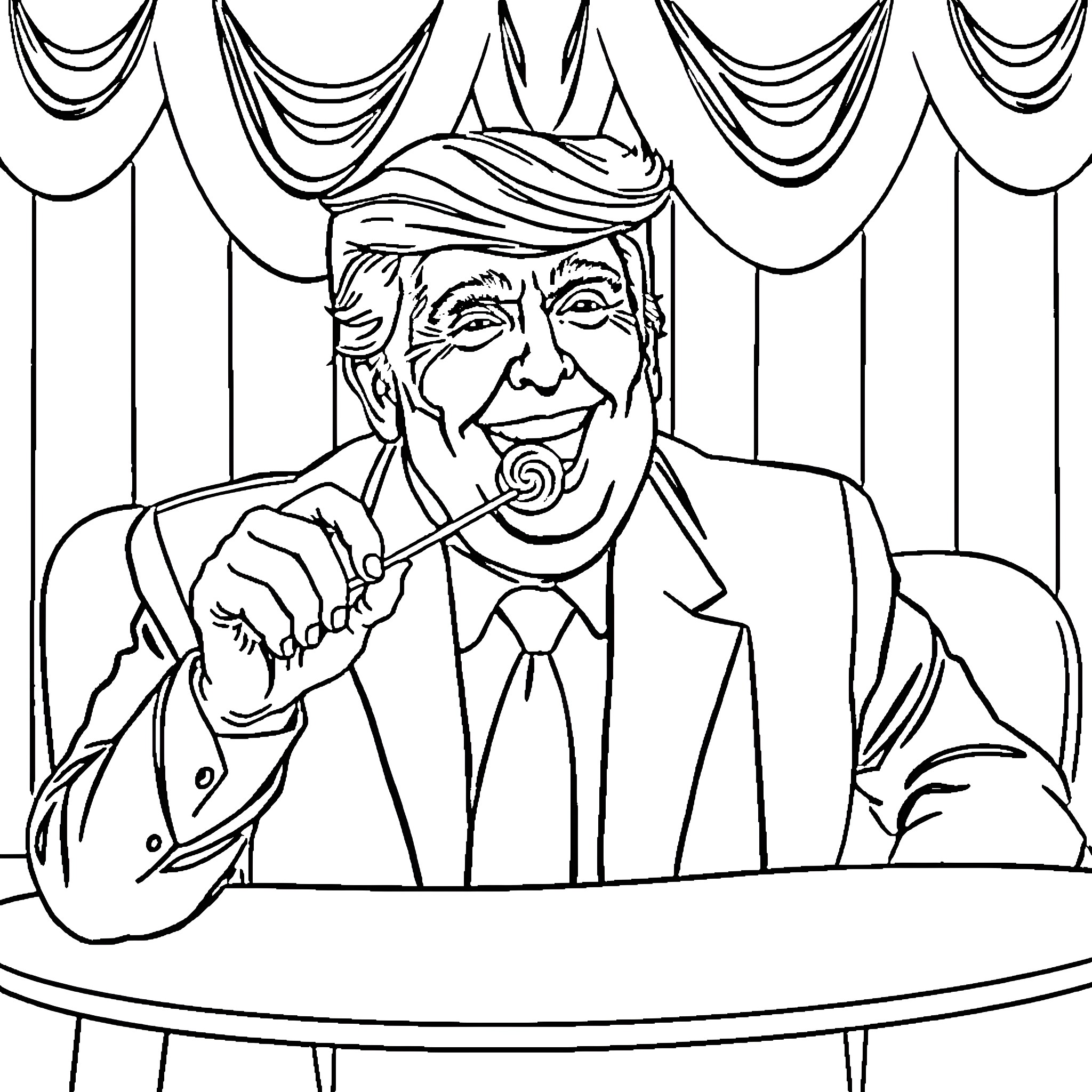Donald Trump Making a Gesture in a Formal Setting Coloring Page (free black-and-white line drawing printable PDF for all, from beginners to advanced learners, including children, teens, adults, and seniors)