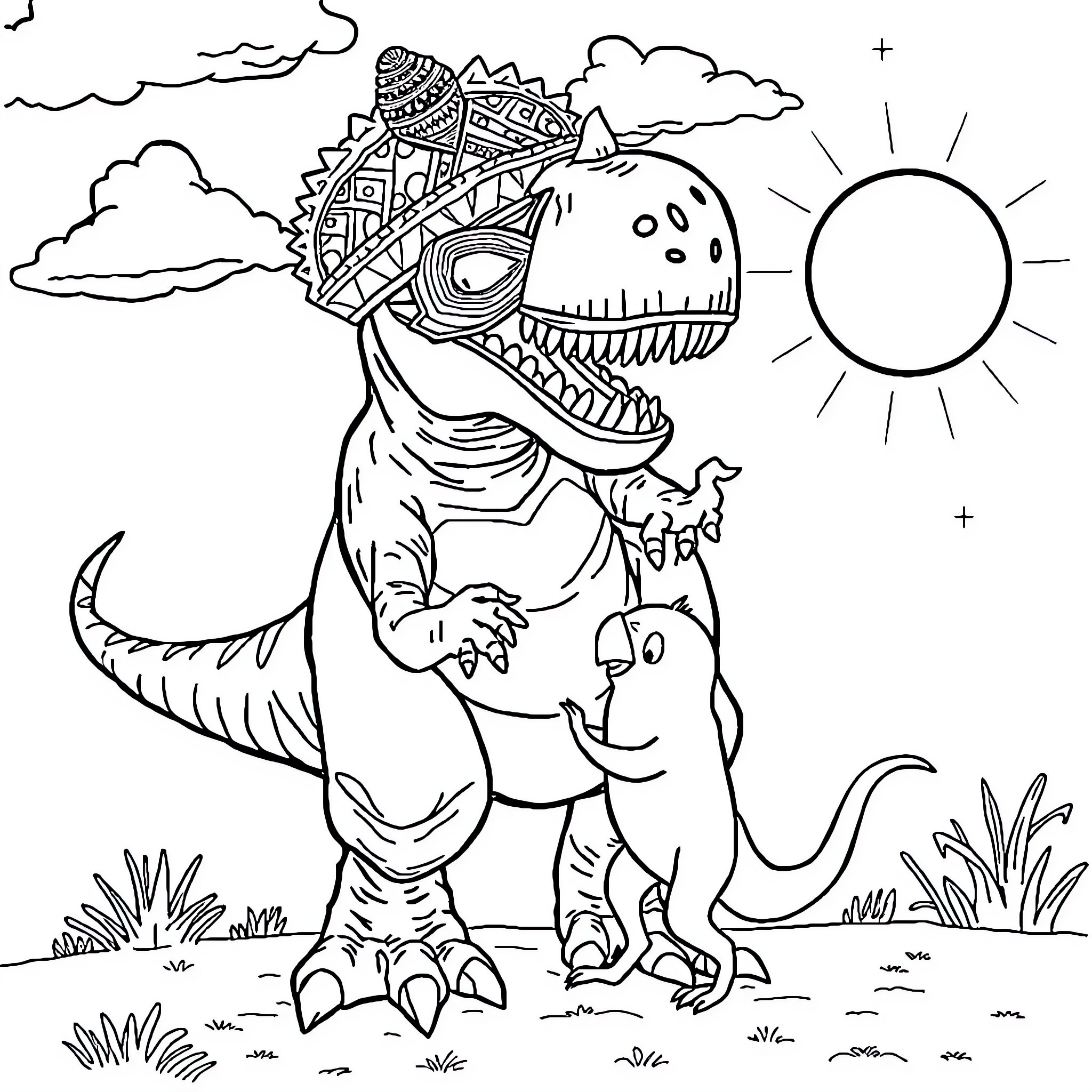 T-Rex in Tribal Costume Dancing Under the Sun Coloring Page (free black-and-white line drawing printable PDF for all, from beginners to advanced learners, including children, teens, adults, and seniors)