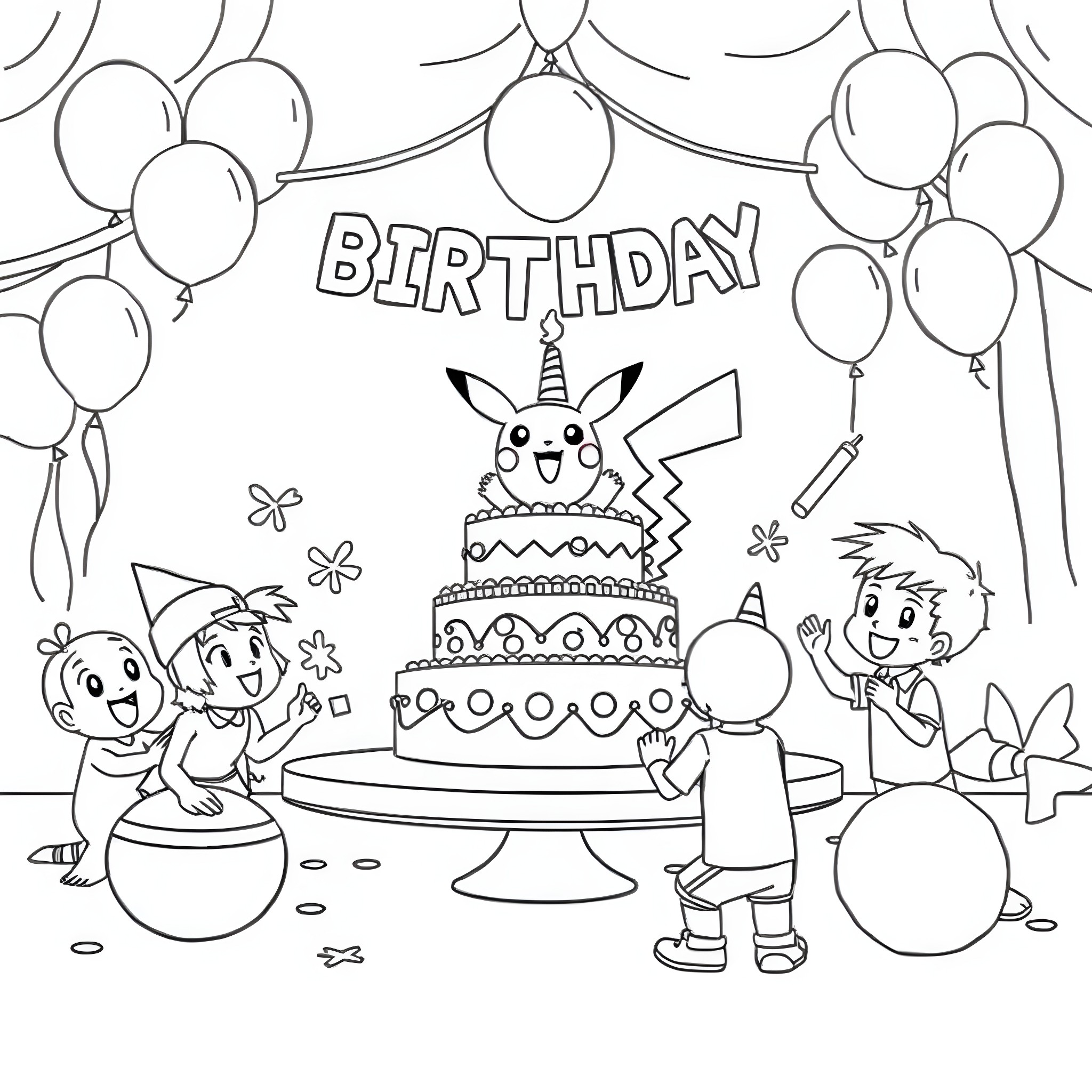 Pokémon characters celebrating a birthday party Coloring Page (free black-and-white line drawing printable PDF for all, from beginners to advanced learners, including children, teens, adults, and seniors)