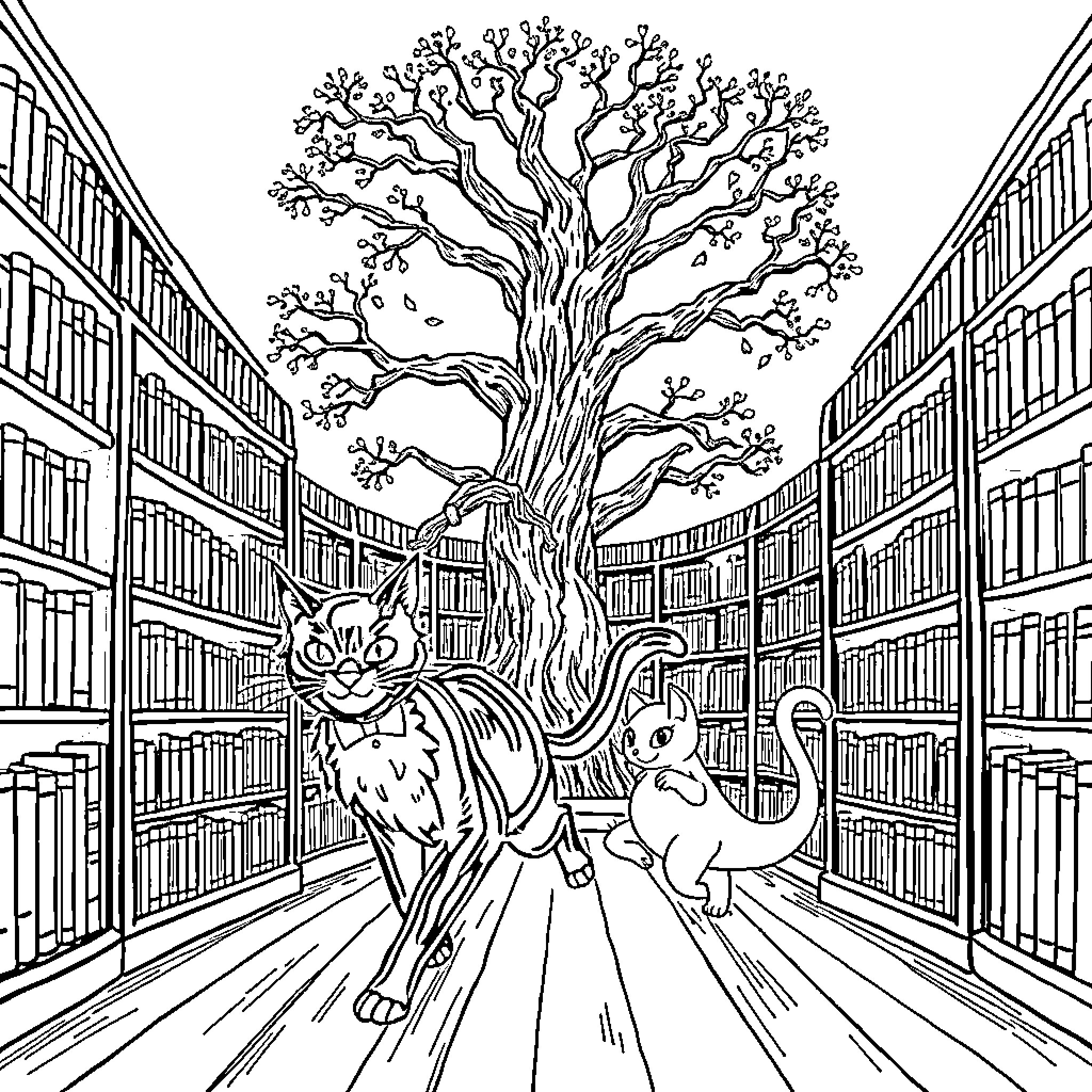 Cat and squirrel exploring magical library Coloring Page (free black-and-white line drawing printable PDF for all, from beginners to advanced learners, including children, teens, adults, and seniors)