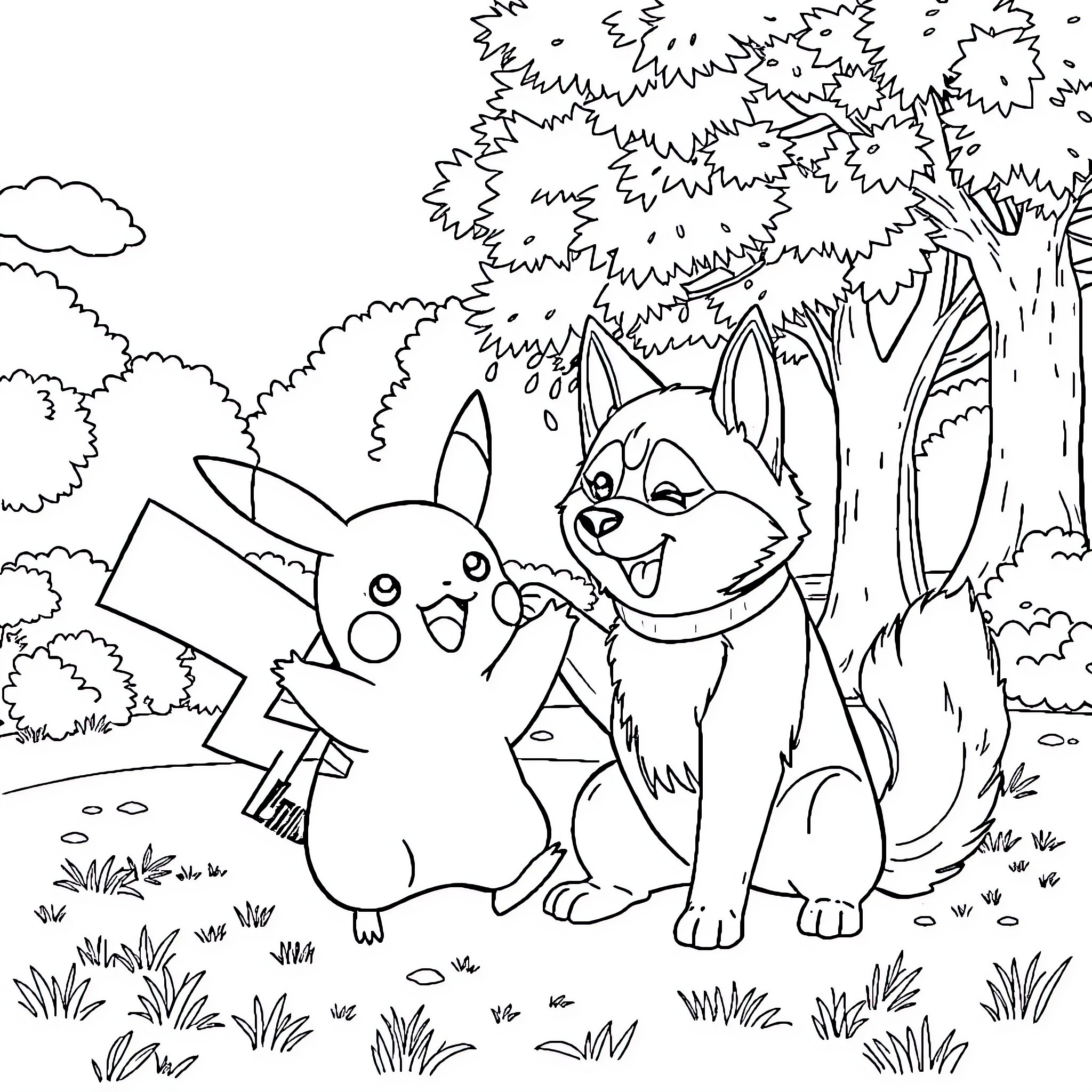 Pikachu exploring the outdoors with a furry friend Coloring Page (free black-and-white line drawing printable PDF for all, from beginners to advanced learners, including children, teens, adults, and seniors)