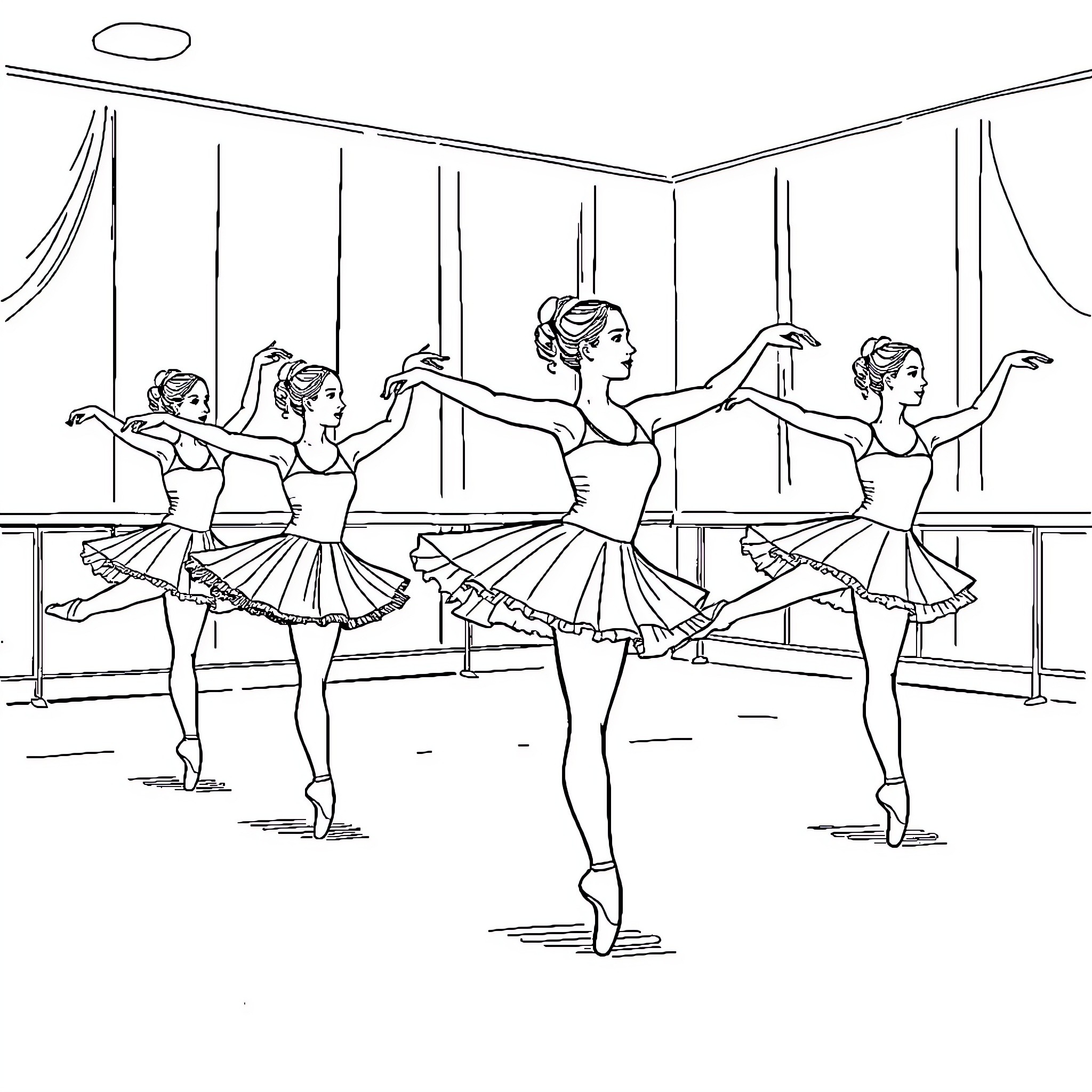 Ballet dancers performing graceful movements on stage Coloring Page (free black-and-white line drawing printable PDF for all, from beginners to advanced learners, including children, teens, adults, and seniors)