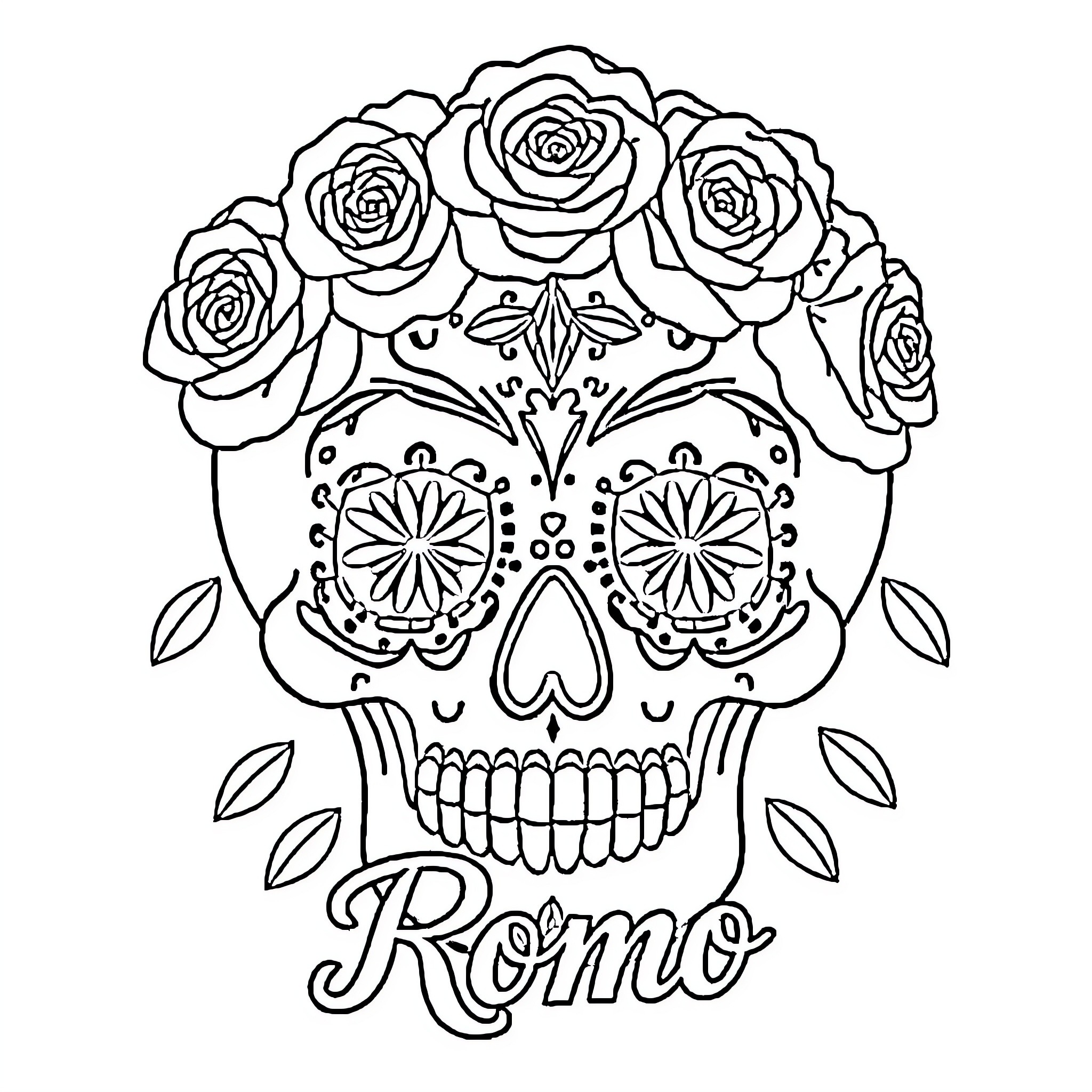 Sugar Skull with Floral Crown and Decorative Patterns Coloring Page (free black-and-white line drawing printable PDF for all, from beginners to advanced learners, including children, teens, adults, and seniors)