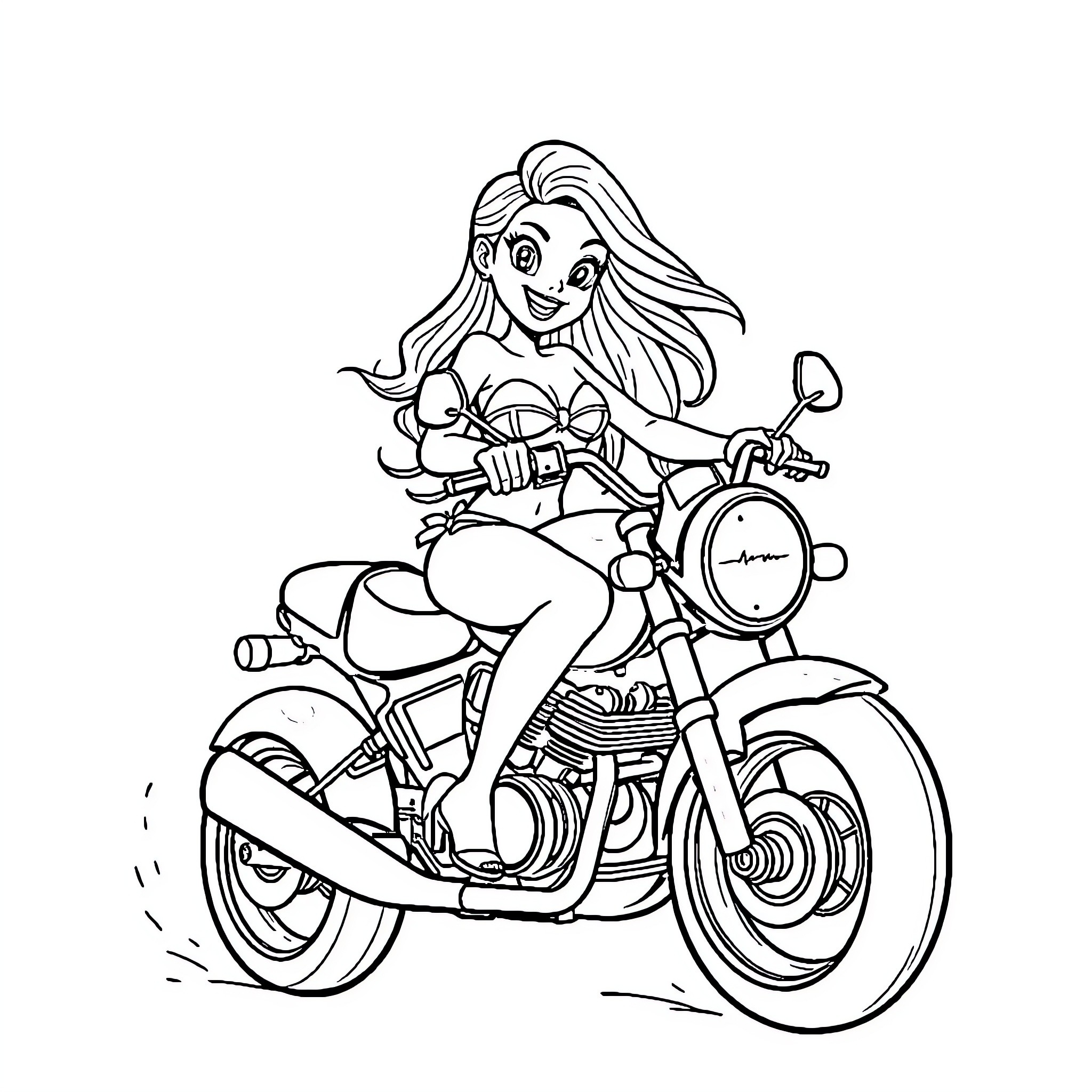 Girl riding a motorcycle with excitement Coloring Page (free black-and-white line drawing printable PDF for all, from beginners to advanced learners, including children, teens, adults, and seniors)