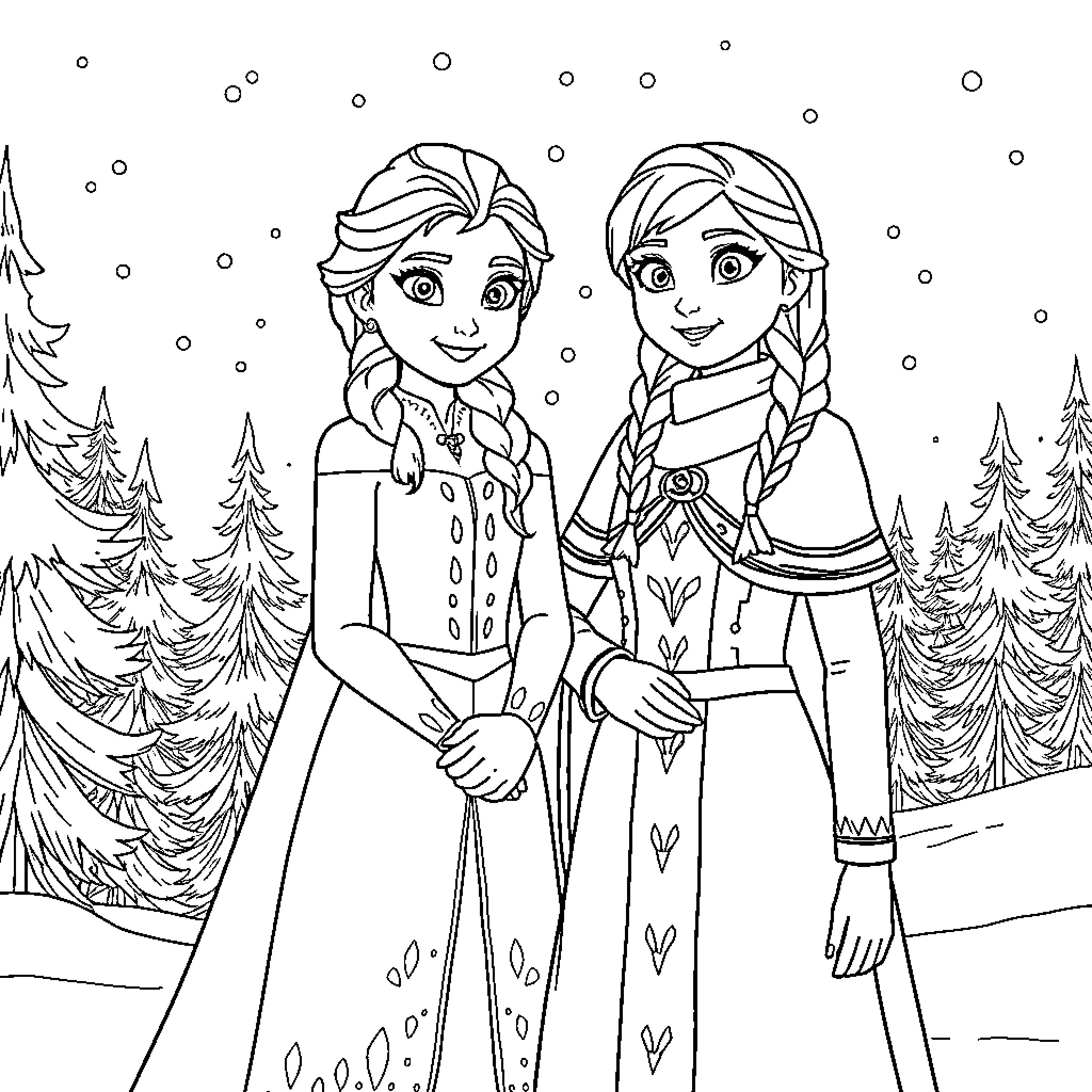 Elsa and Anna enjoying a snowy winter scene Coloring Page (free black-and-white line drawing printable PDF for all, from beginners to advanced learners, including children, teens, adults, and seniors)