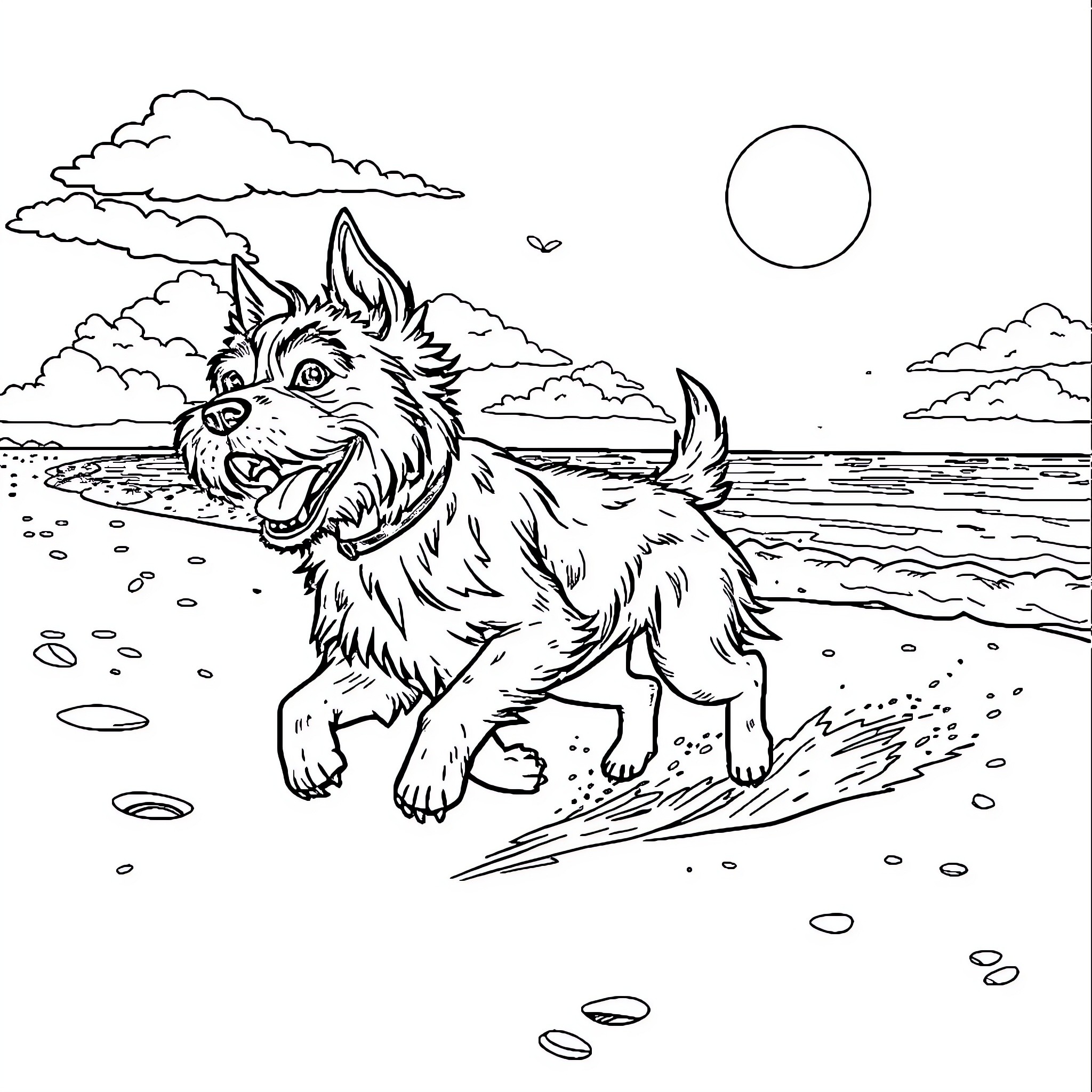 Perro running playfully on the beach Coloring Page (free black-and-white line drawing printable PDF for all, from beginners to advanced learners, including children, teens, adults, and seniors)