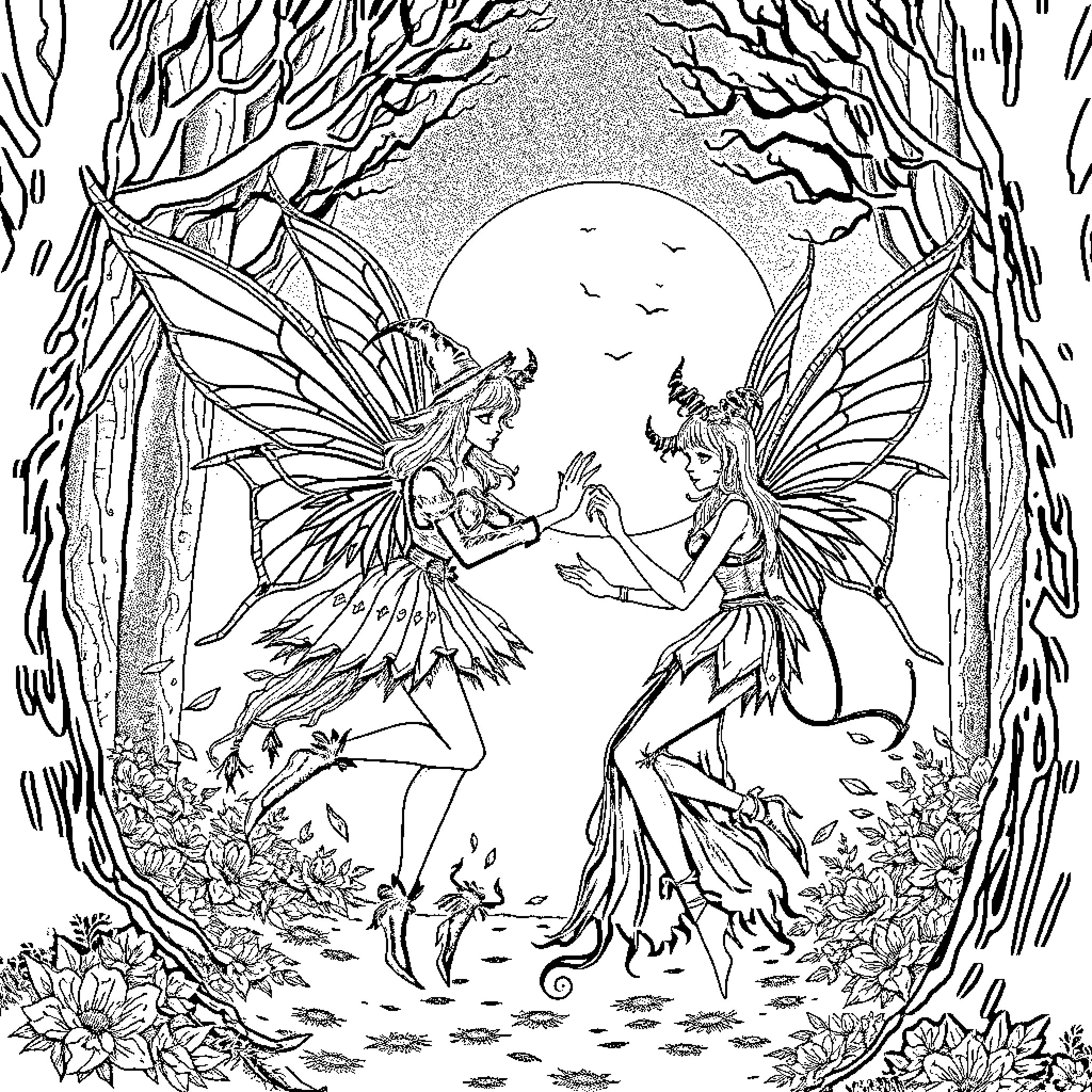 Fairy Companions in Enchanted Forest Coloring Page (free black-and-white line drawing printable PDF for all, from beginners to advanced learners, including children, teens, adults, and seniors)