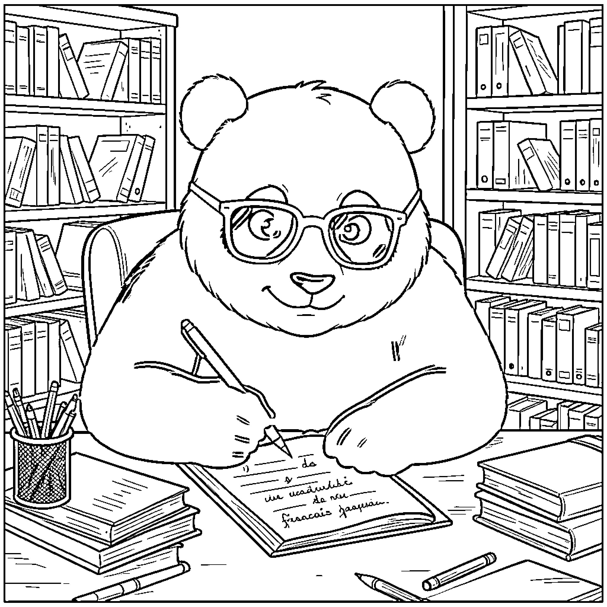 Panda wearing glasses and writing in a notebook Coloring Page (free black-and-white line drawing printable PDF for all, from beginners to advanced learners, including children, teens, adults, and seniors)