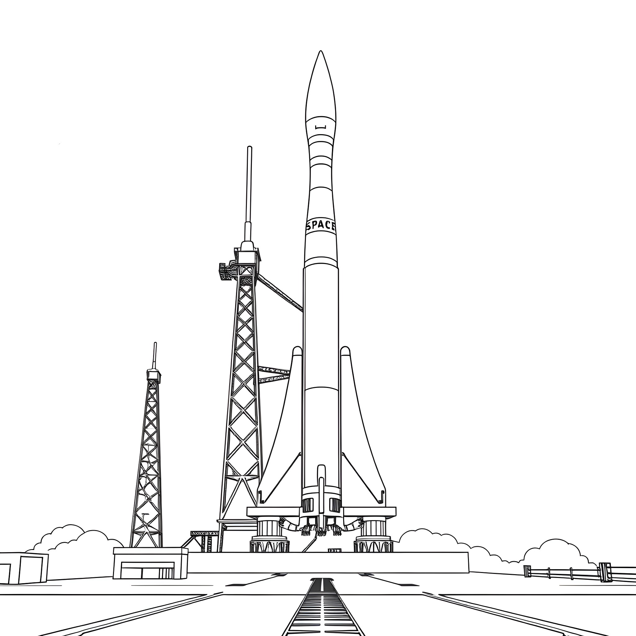 Rocket preparing for launch on launch pad Coloring Page (free black-and-white line drawing printable PDF for all, from beginners to advanced learners, including children, teens, adults, and seniors)