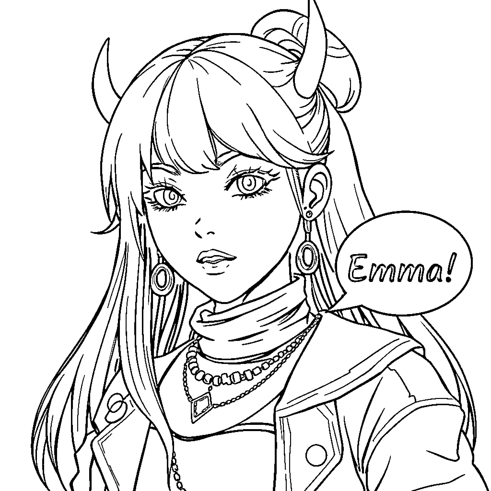 Rumi's Expressive Anime-Style Portrait Coloring Page (free black-and-white line drawing printable PDF for all, from beginners to advanced learners, including children, teens, adults, and seniors)