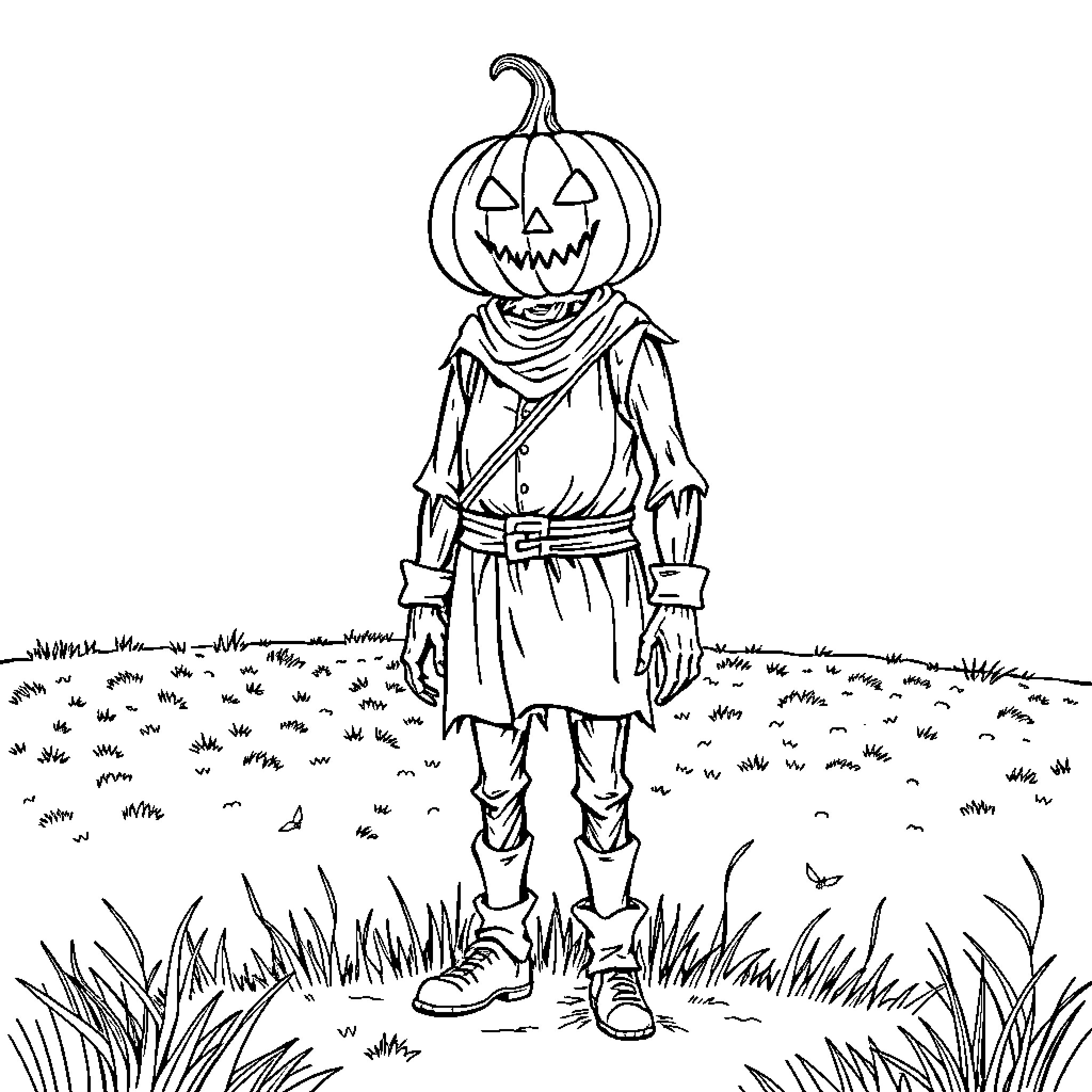 Pumpkin Man in the Meadow Coloring Page (free black-and-white line drawing printable PDF for all, from beginners to advanced learners, including children, teens, adults, and seniors)