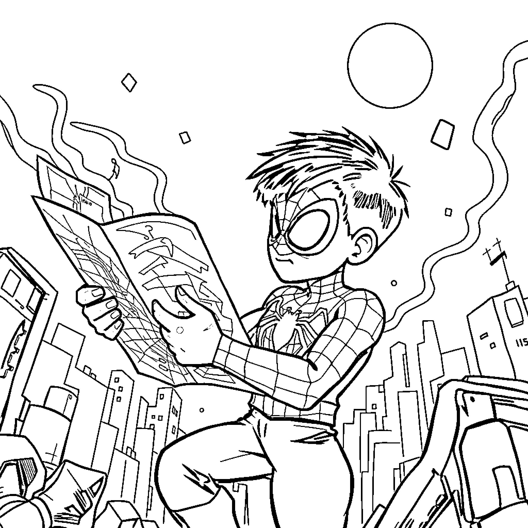 Spiderman saves the day in the city Coloring Page (free black-and-white line drawing printable PDF for all, from beginners to advanced learners, including children, teens, adults, and seniors)