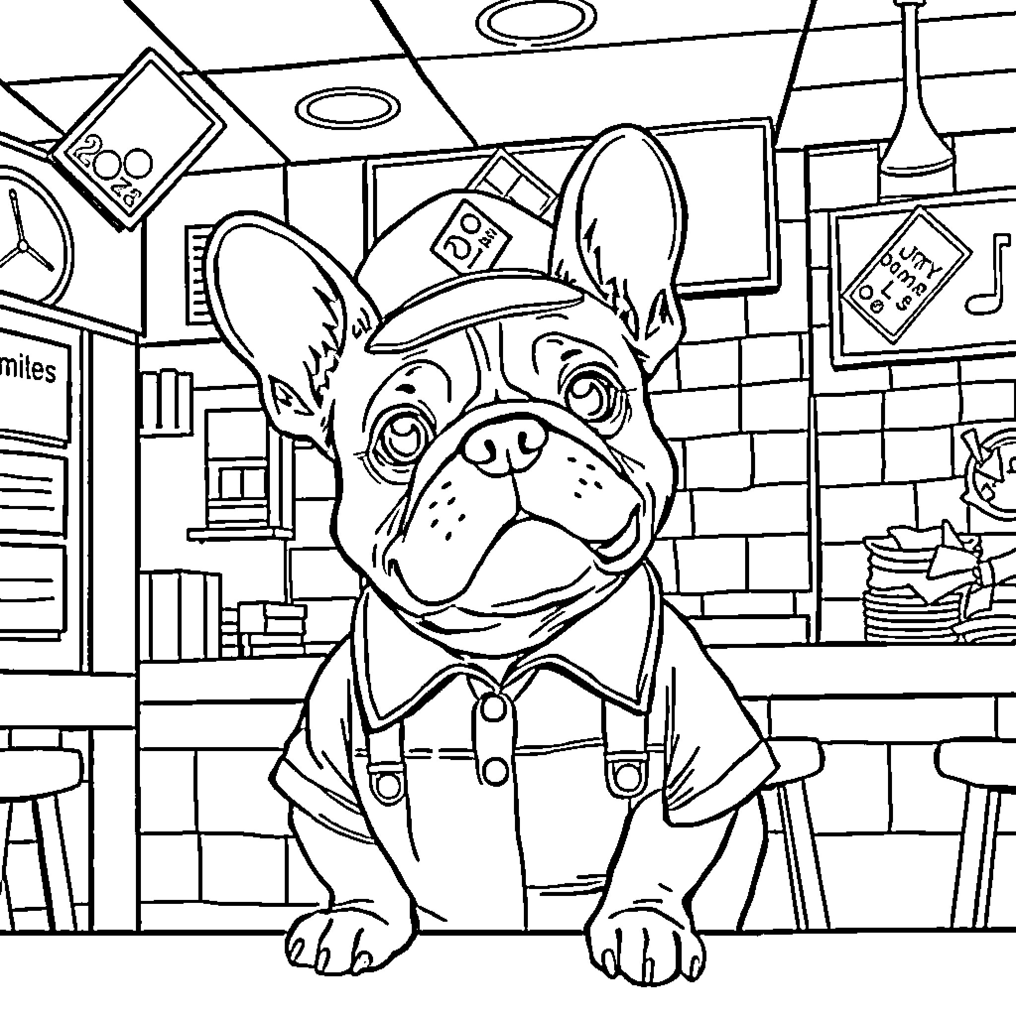 French Bulldog dressed in uniform enjoying the scene Coloring Page (free black-and-white line drawing printable PDF for all, from beginners to advanced learners, including children, teens, adults, and seniors)