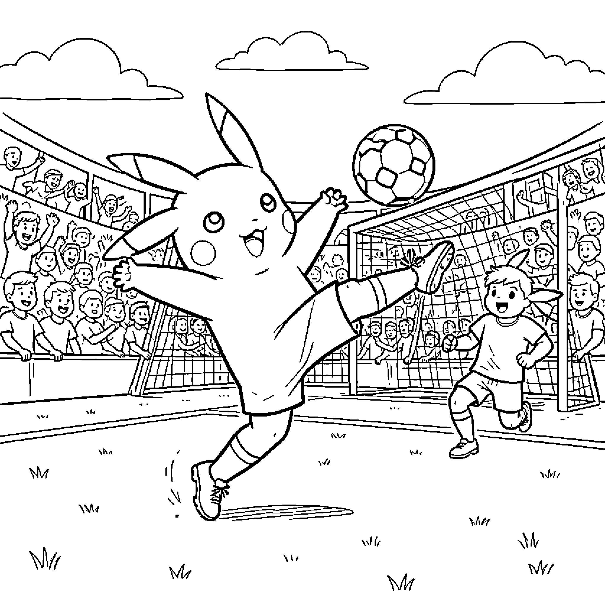 Pikachu playing soccer and kicking a ball Coloring Page (free black-and-white line drawing printable PDF for all, from beginners to advanced learners, including children, teens, adults, and seniors)