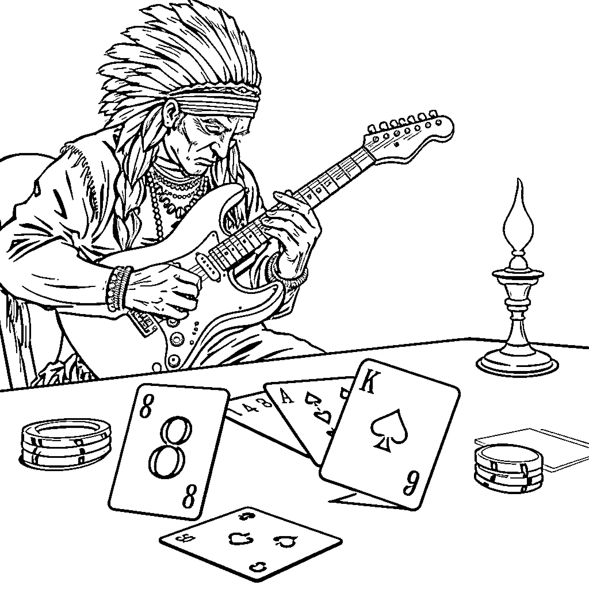 Playing Card Game with Native American Musician Coloring Page (free black-and-white line drawing printable PDF for all, from beginners to advanced learners, including children, teens, adults, and seniors)