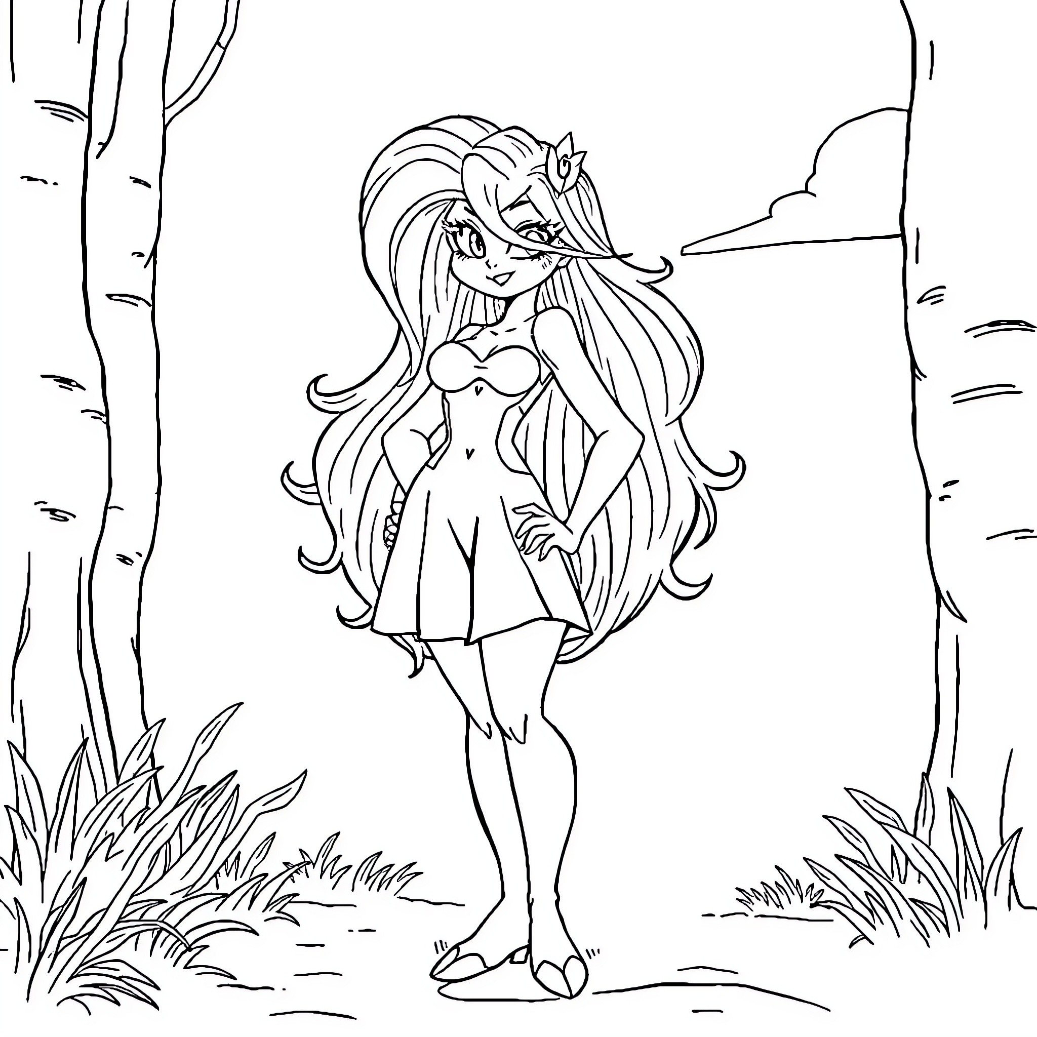 Rias Gremory in a serene forest setting Coloring Page (free black-and-white line drawing printable PDF for all, from beginners to advanced learners, including children, teens, adults, and seniors)