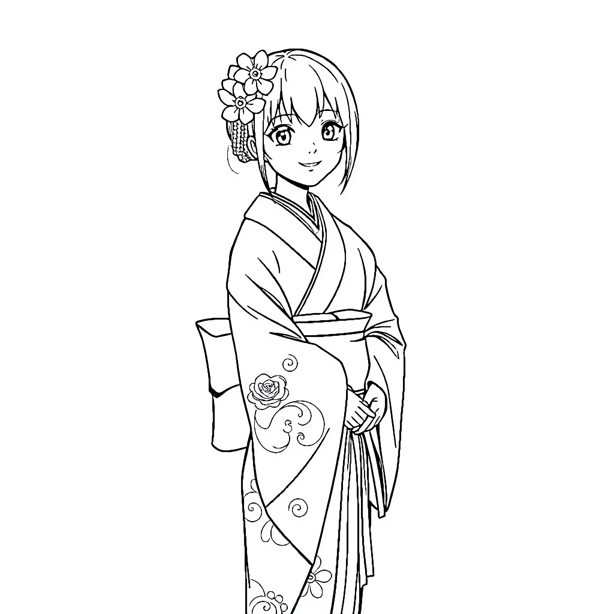 Miko in traditional Japanese garb smiling cheerfully Coloring Page (free black-and-white line drawing printable PDF for all, from beginners to advanced learners, including children, teens, adults, and seniors)