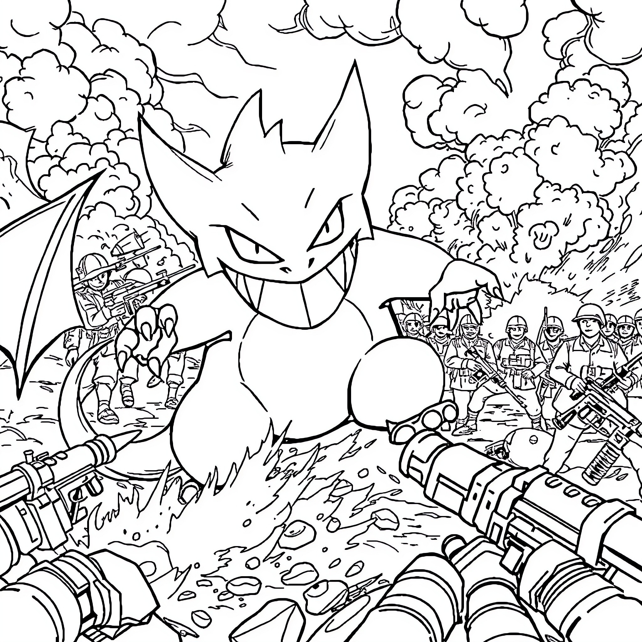 Gengar terrorizing a chaotic battlefield Coloring Page (free black-and-white line drawing printable PDF for all, from beginners to advanced learners, including children, teens, adults, and seniors)