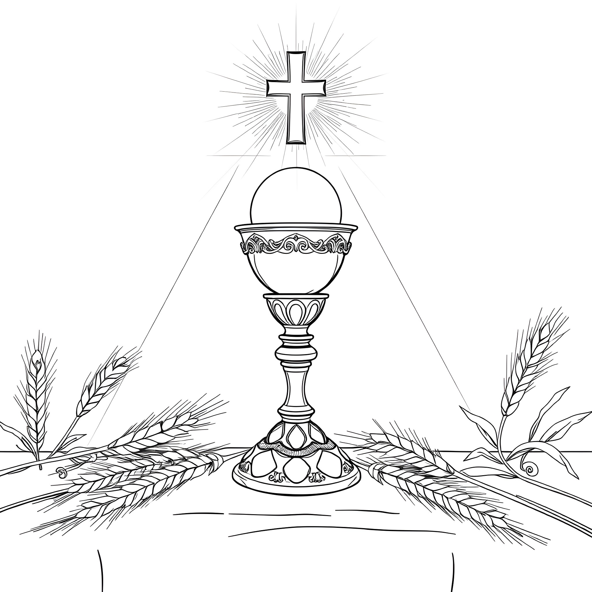 Host of holy communion with cross and wheat Coloring Page (free black-and-white line drawing printable PDF for all, from beginners to advanced learners, including children, teens, adults, and seniors)