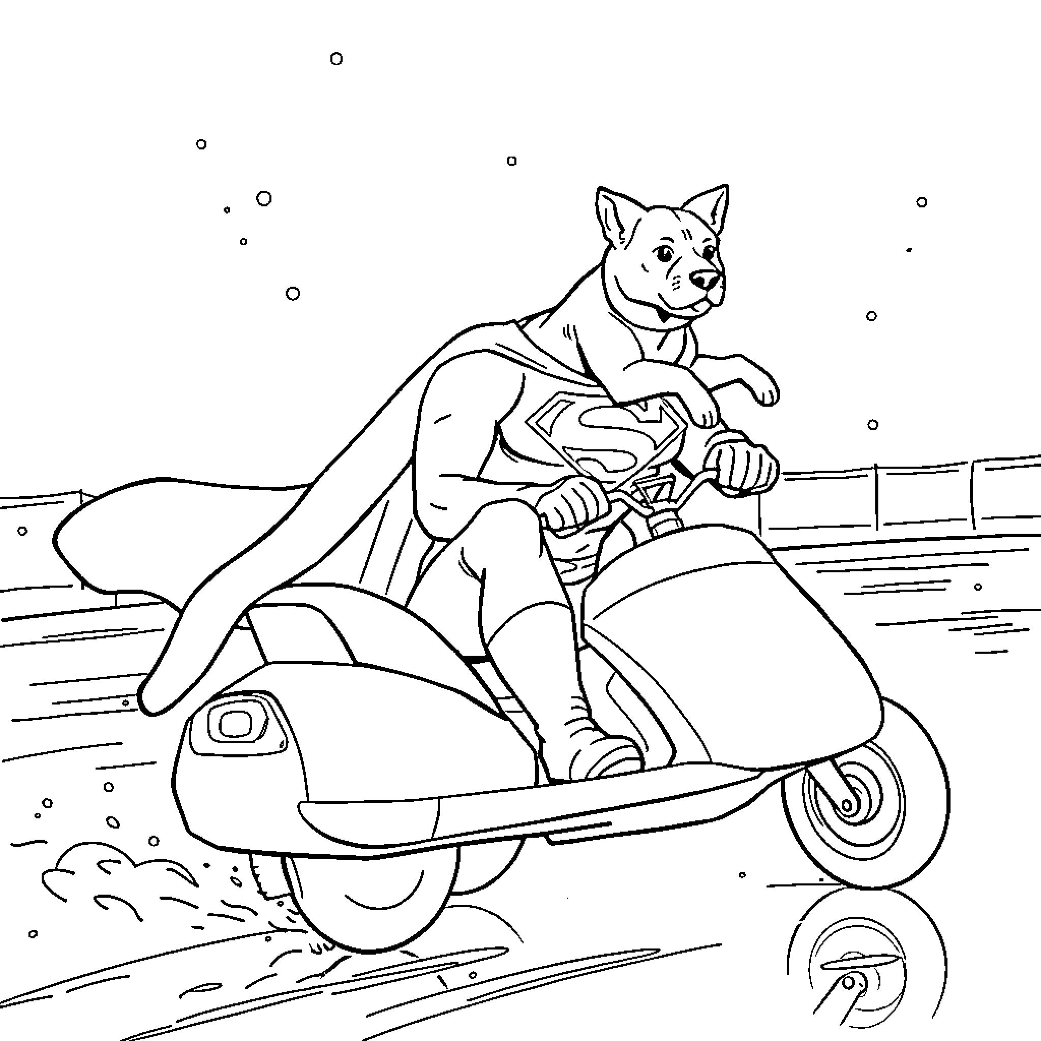Superman cat riding a scooter Coloring Page (free black-and-white line drawing printable PDF for all, from beginners to advanced learners, including children, teens, adults, and seniors)