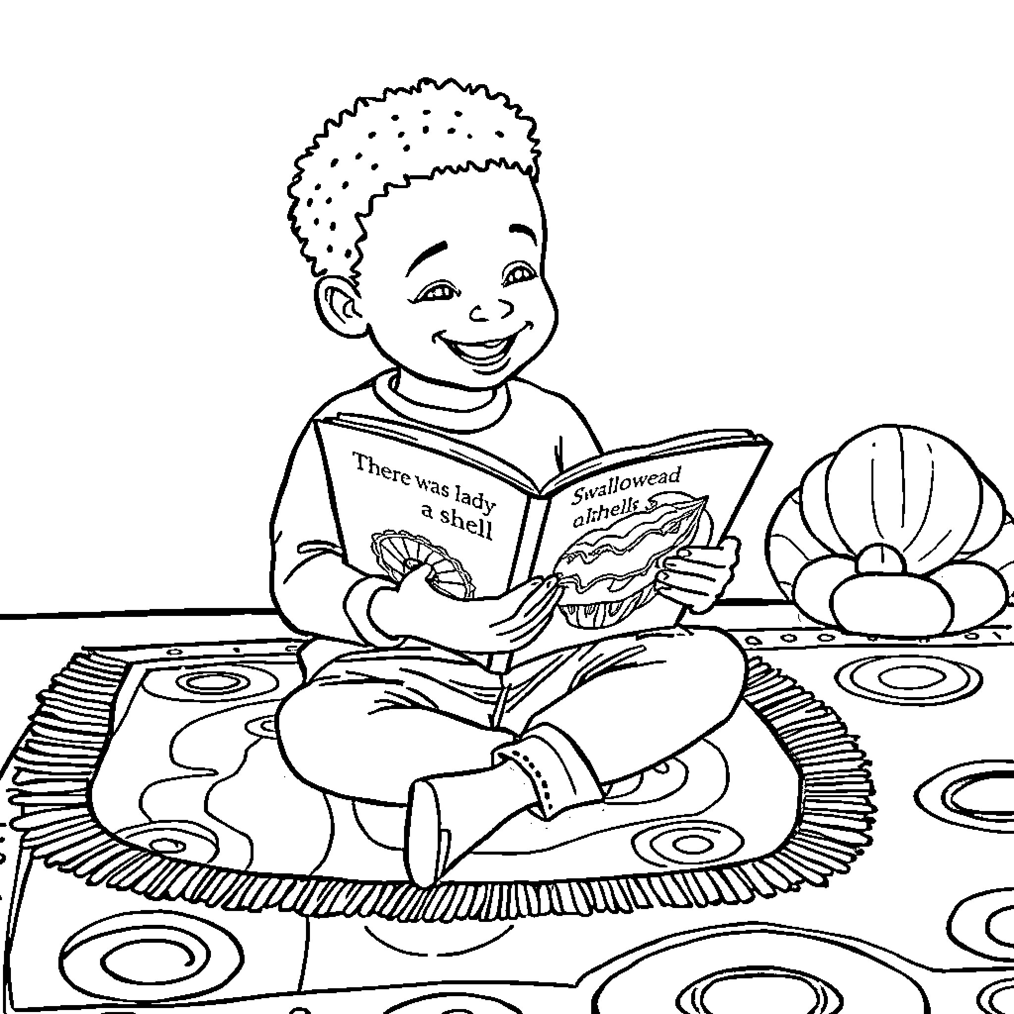 Boy reading a book on a patterned rug Coloring Page (free black-and-white line drawing printable PDF for all, from beginners to advanced learners, including children, teens, adults, and seniors)