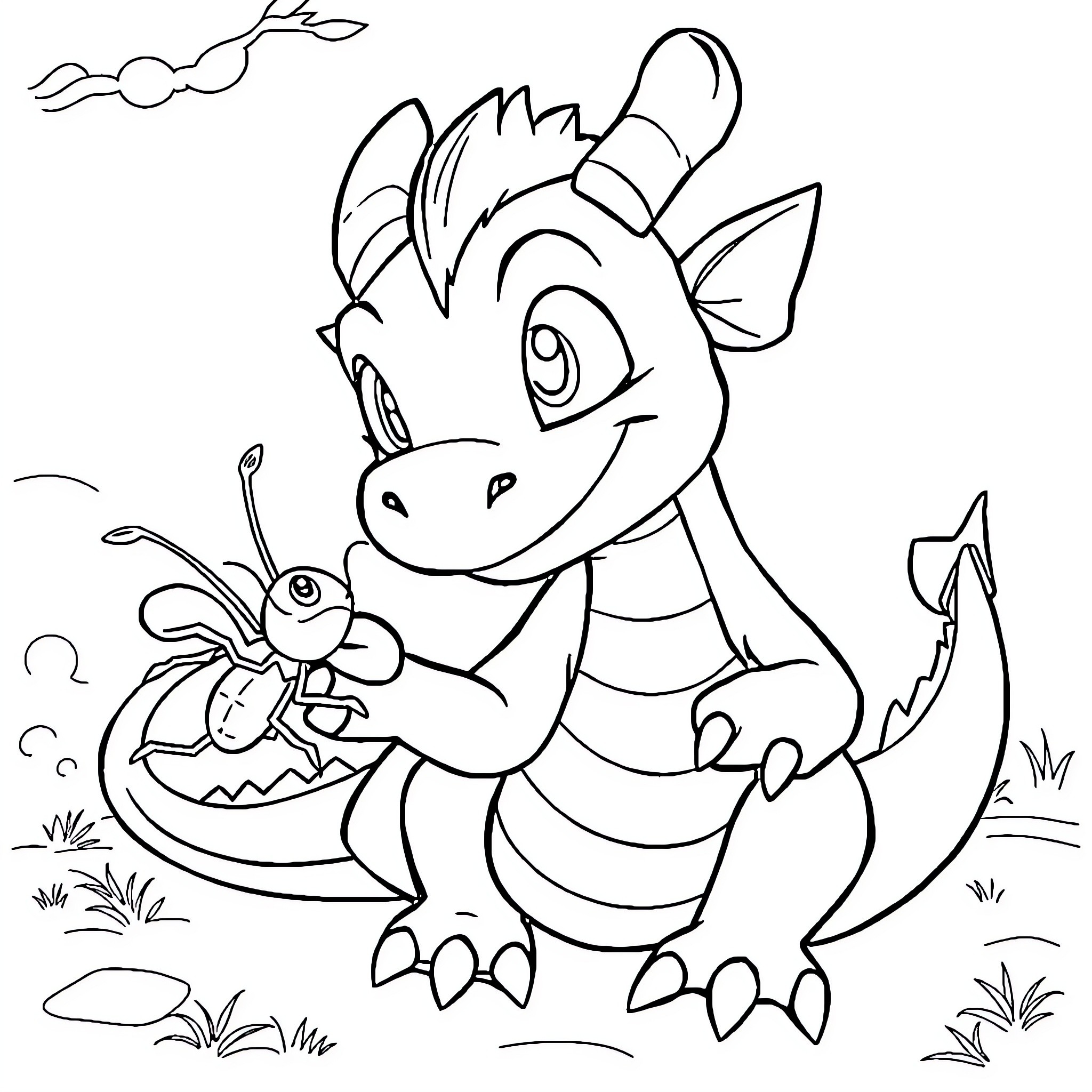 Mushu the Curious Dragon Exploring Nature Coloring Page (free black-and-white line drawing printable PDF for all, from beginners to advanced learners, including children, teens, adults, and seniors)