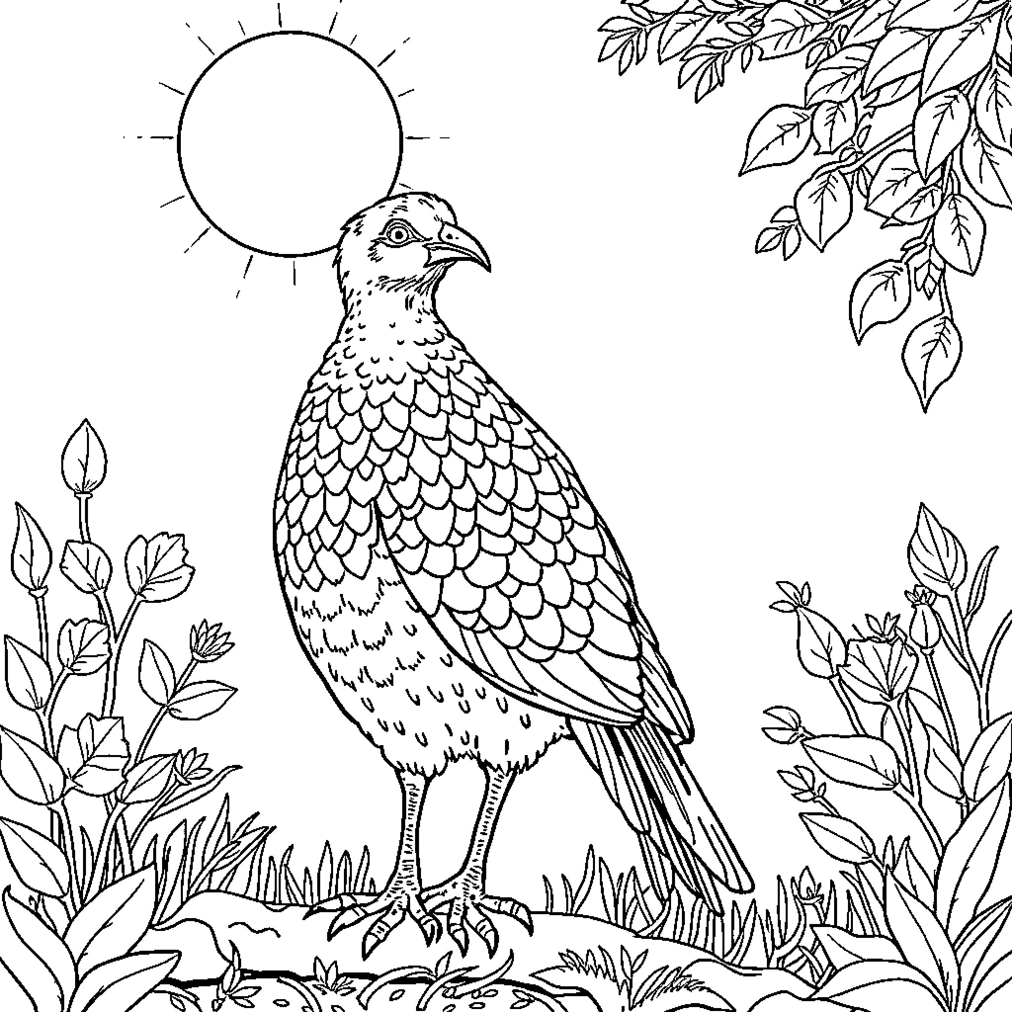 Pavo Real in a Serene Outdoor Scene Coloring Page (free black-and-white line drawing printable PDF for all, from beginners to advanced learners, including children, teens, adults, and seniors)