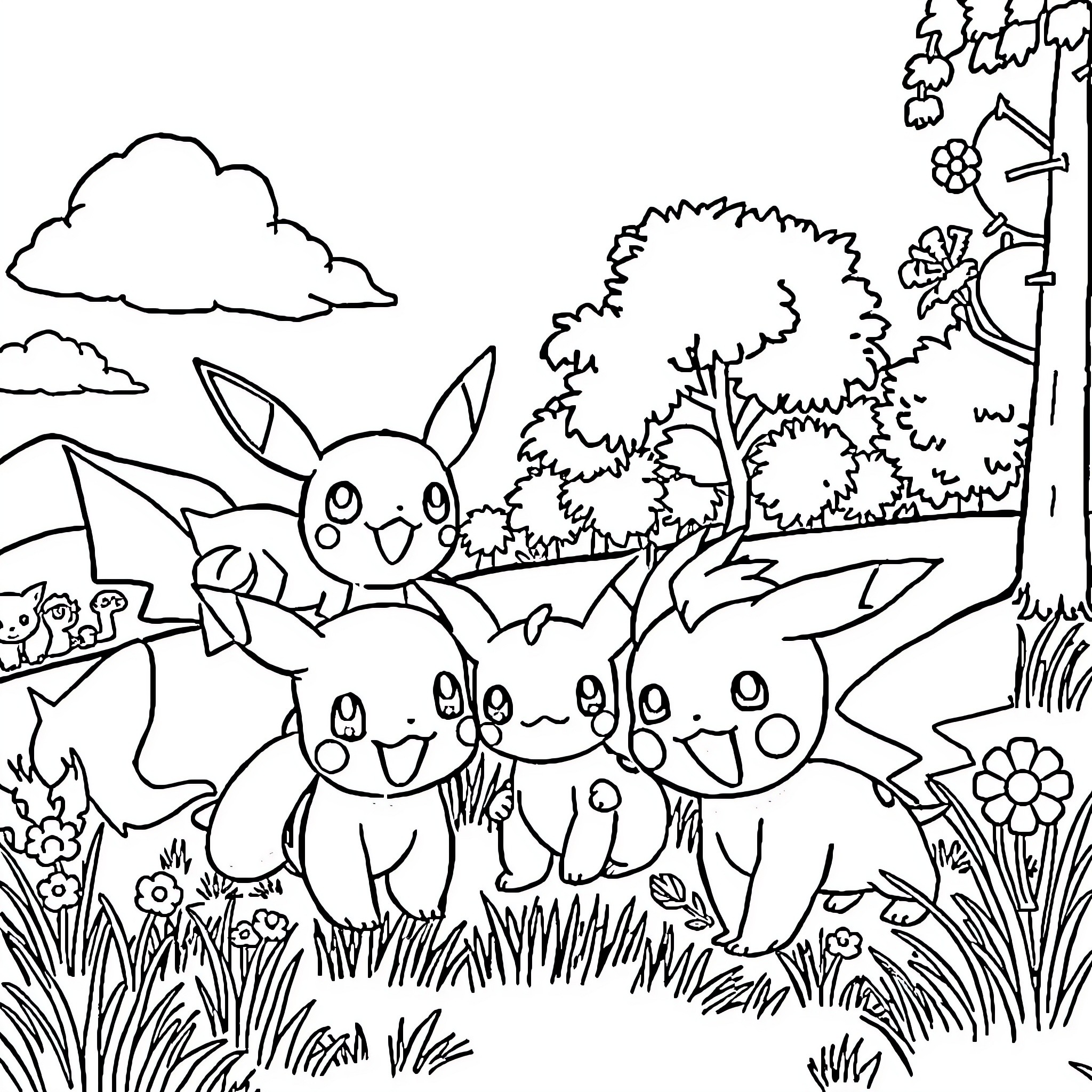 Pokémon enjoying a peaceful day in the outdoors Coloring Page (free black-and-white line drawing printable PDF for all, from beginners to advanced learners, including children, teens, adults, and seniors)