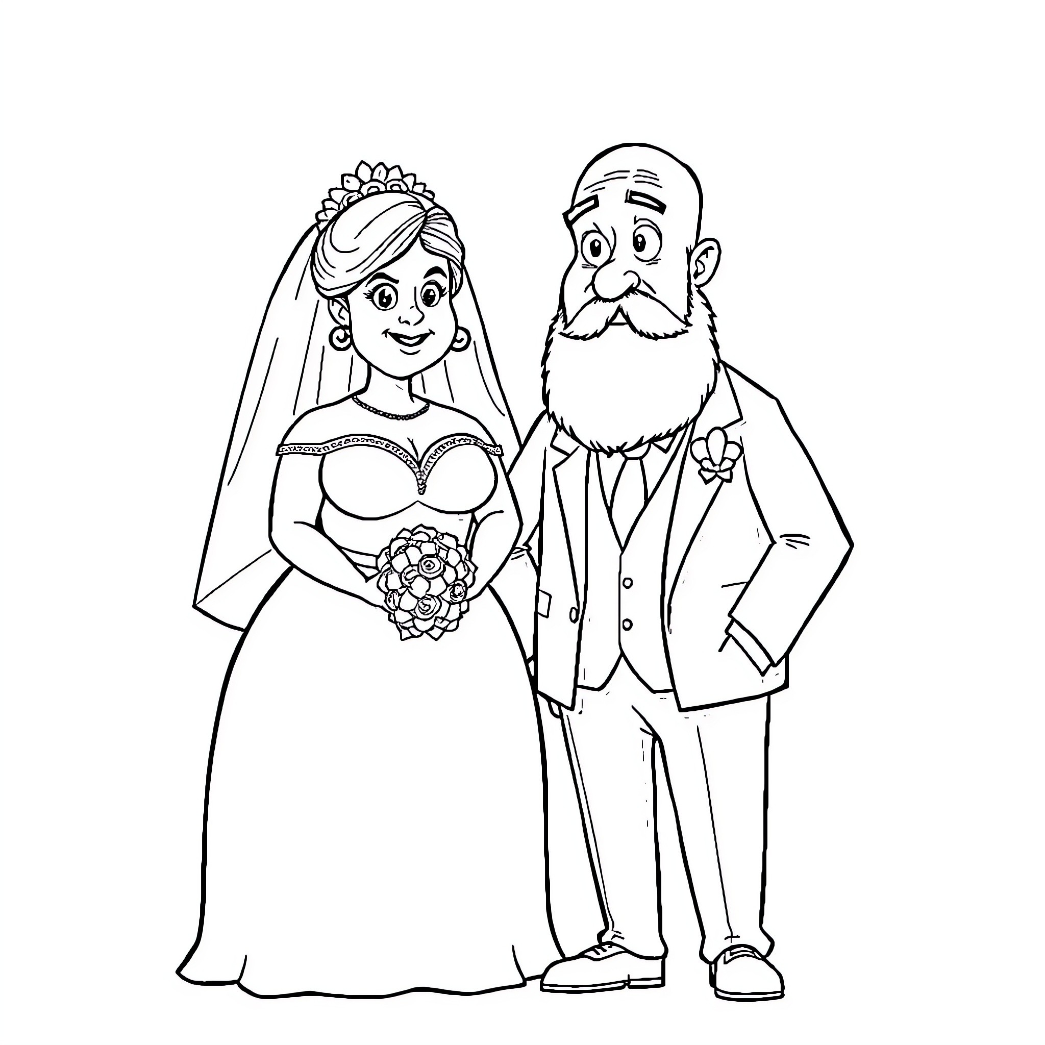 Bride and Groom Posing Together at Wedding Coloring Page (free black-and-white line drawing printable PDF for all, from beginners to advanced learners, including children, teens, adults, and seniors)