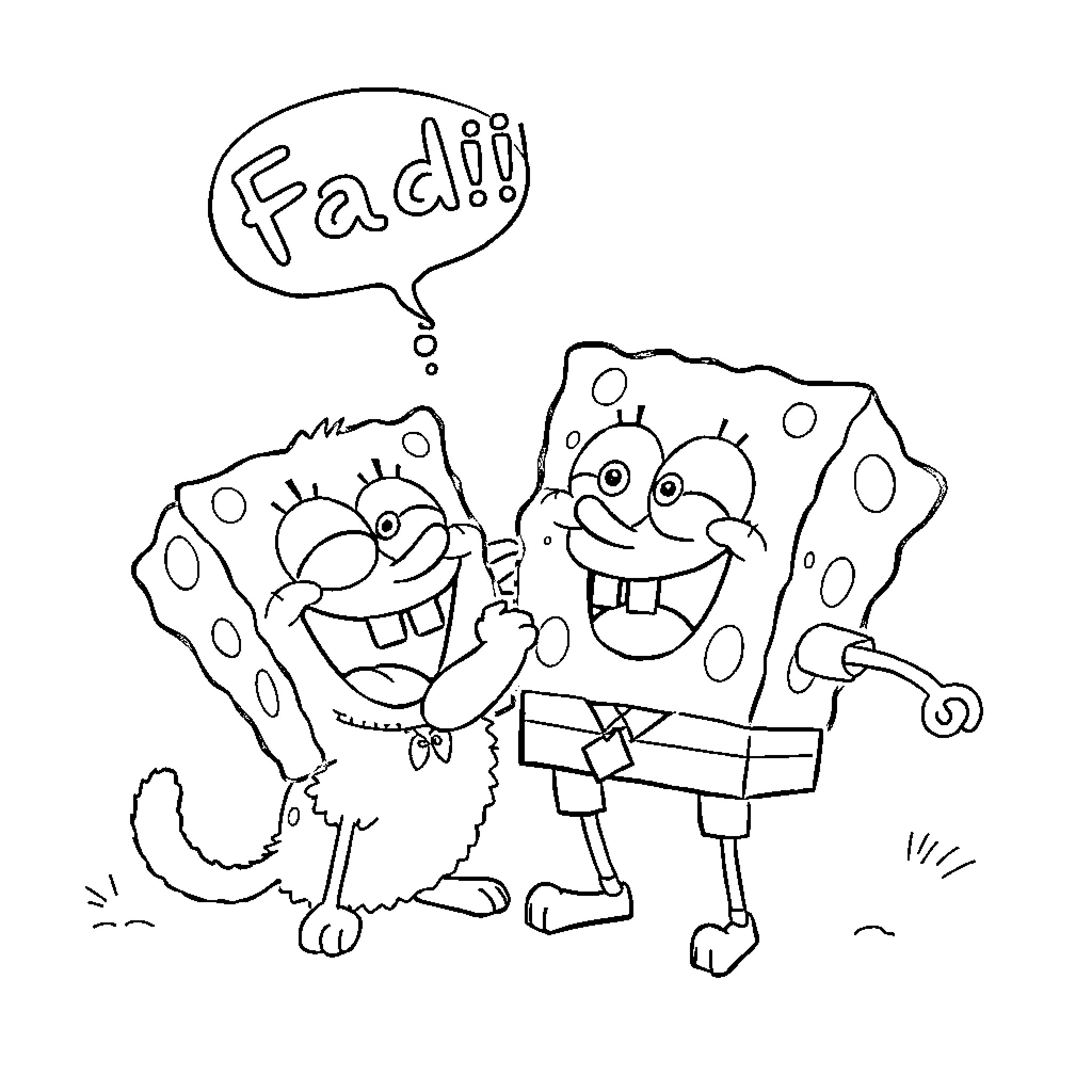 Spongebob and Patrick chatting happily Coloring Page (free black-and-white line drawing printable PDF for all, from beginners to advanced learners, including children, teens, adults, and seniors)