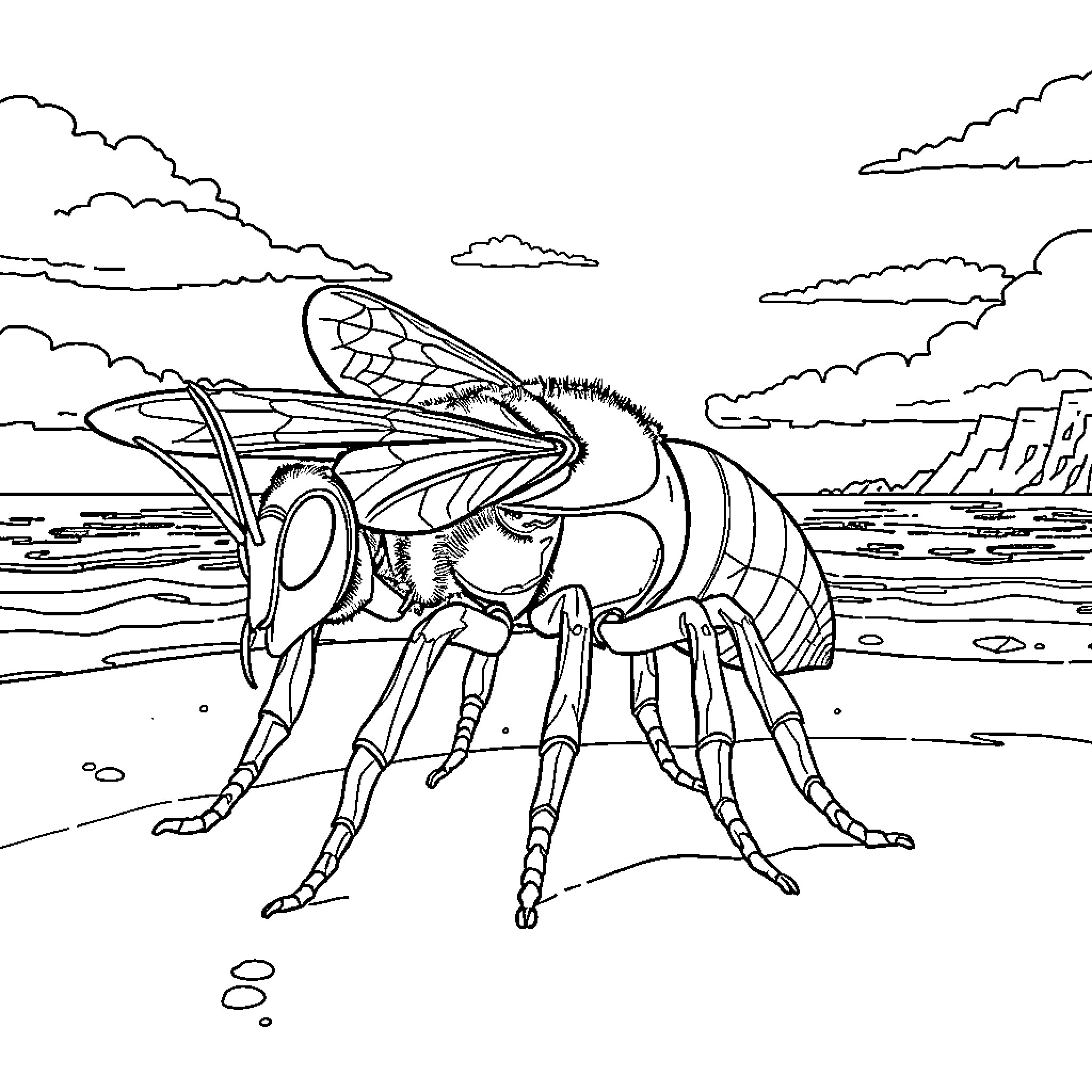 Bee exploring the coastal landscape Coloring Page (free black-and-white line drawing printable PDF for all, from beginners to advanced learners, including children, teens, adults, and seniors)