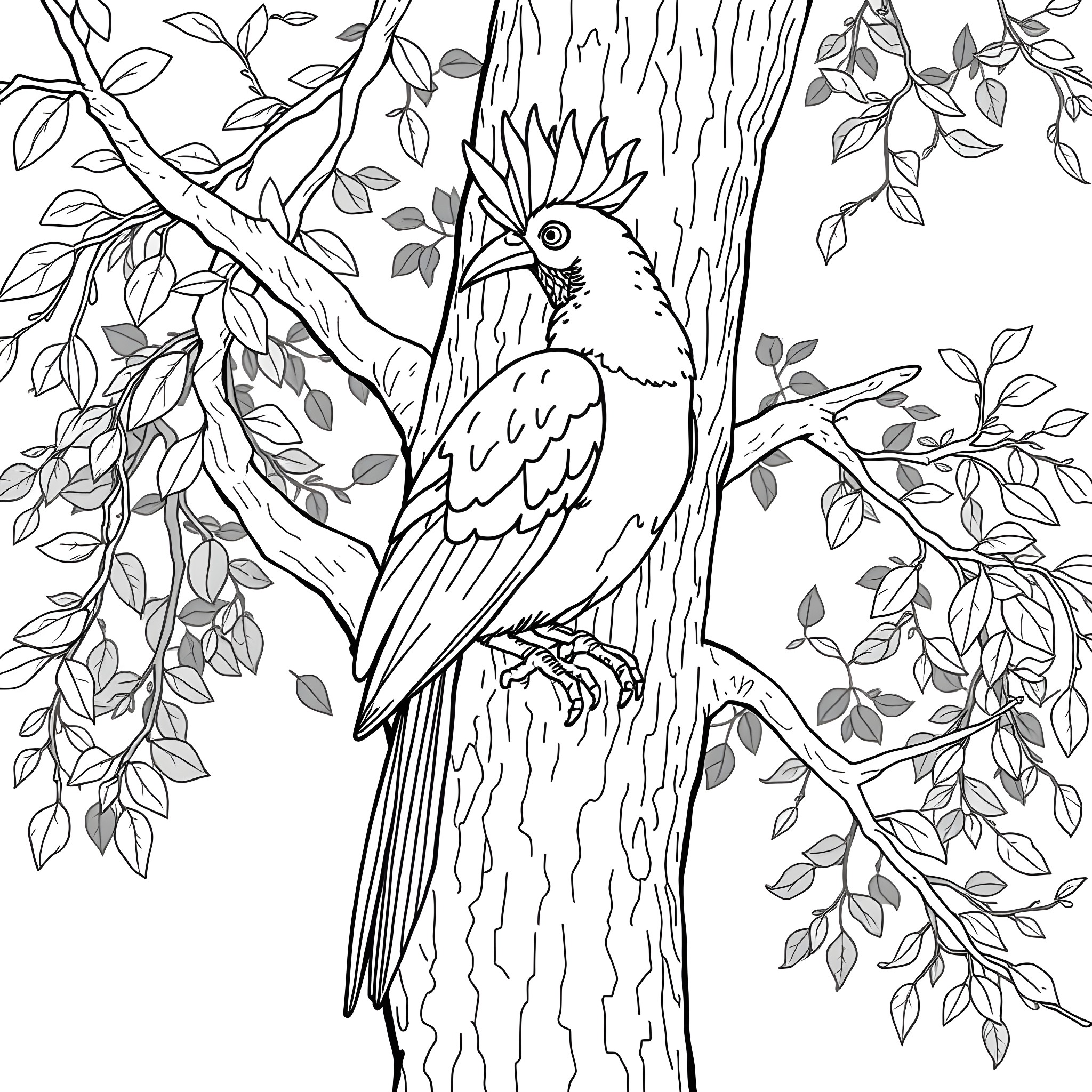 Guinea Turaco perched on a tree branch Coloring Page (free black-and-white line drawing printable PDF for all, from beginners to advanced learners, including children, teens, adults, and seniors)
