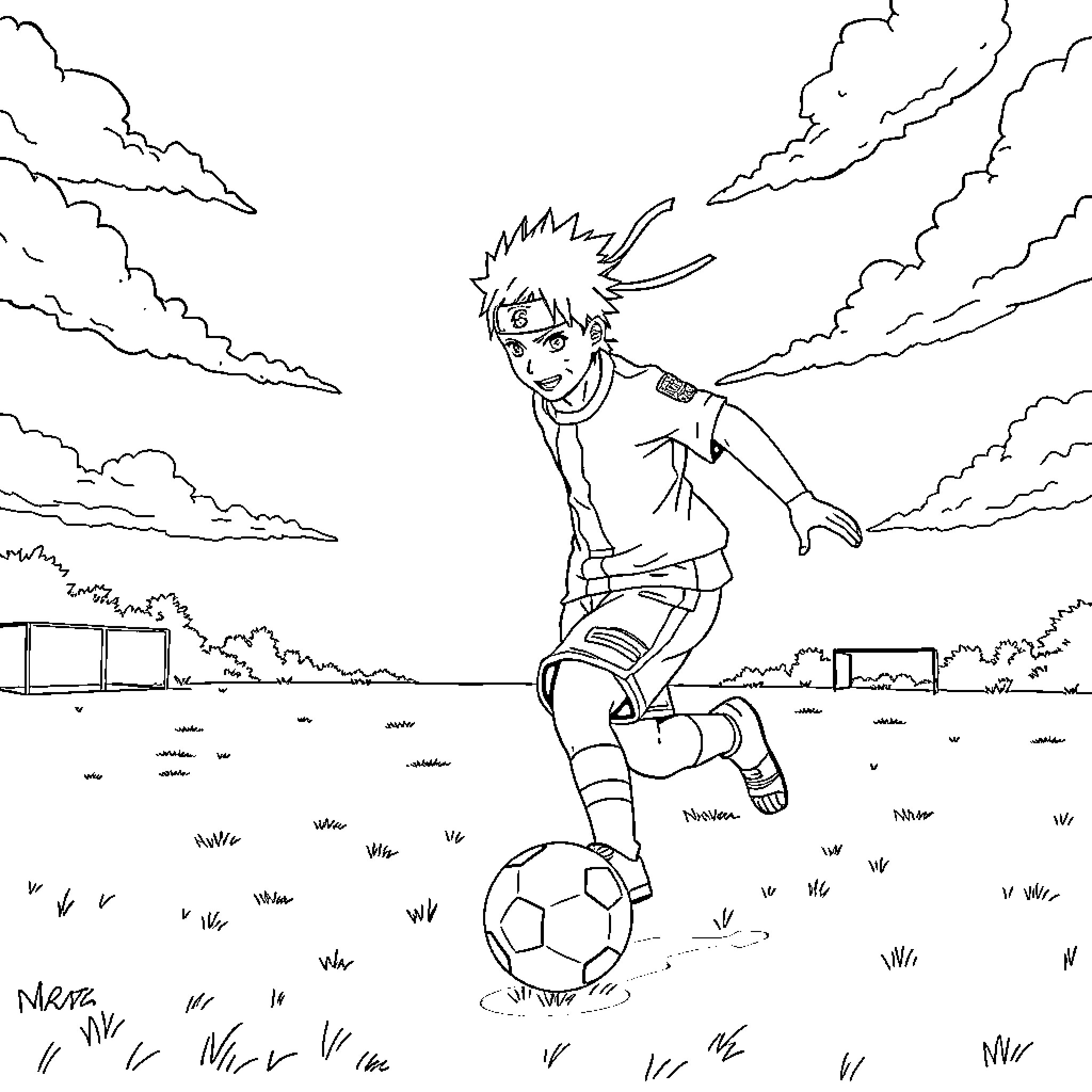 Naruto playing soccer energetically on the field Coloring Page (free black-and-white line drawing printable PDF for all, from beginners to advanced learners, including children, teens, adults, and seniors)