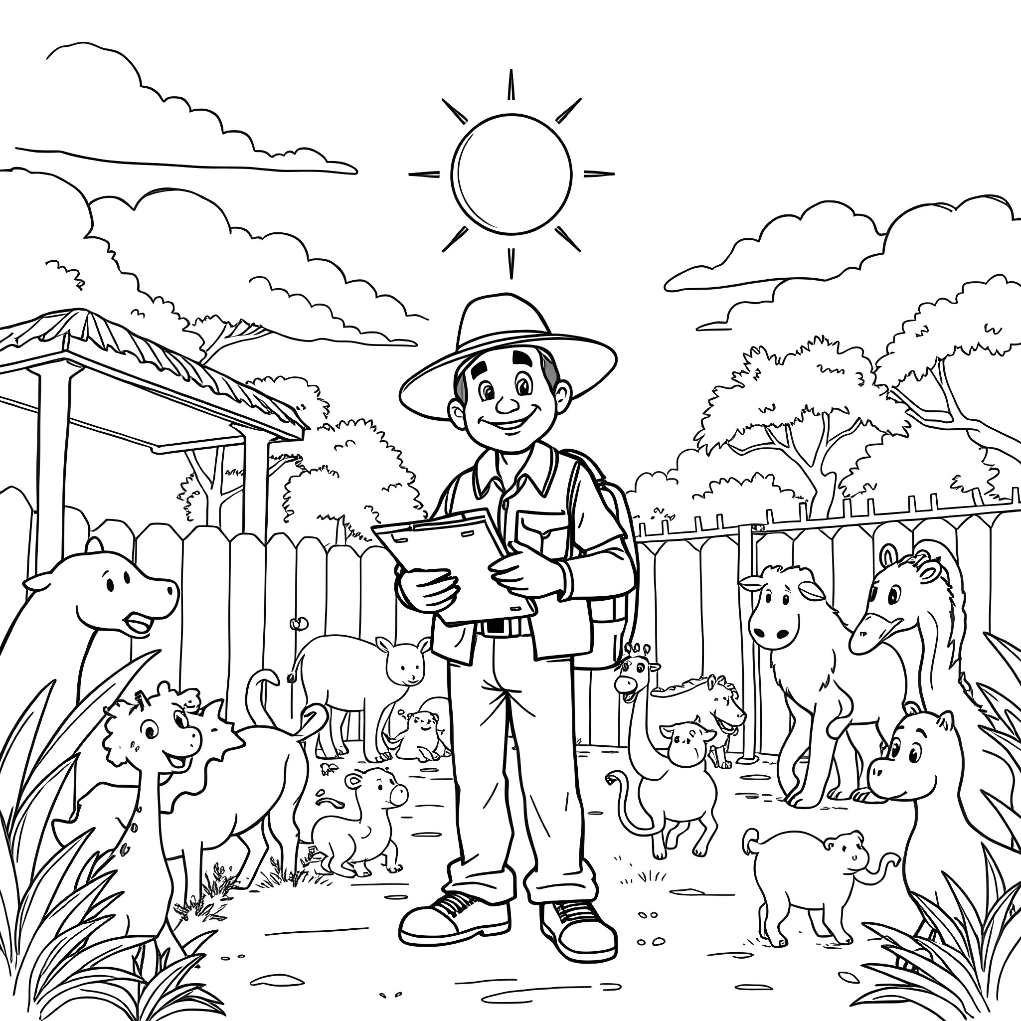 Zookeeper surrounded by various animals in the wild Coloring Page (free black-and-white line drawing printable PDF for all, from beginners to advanced learners, including children, teens, adults, and seniors)