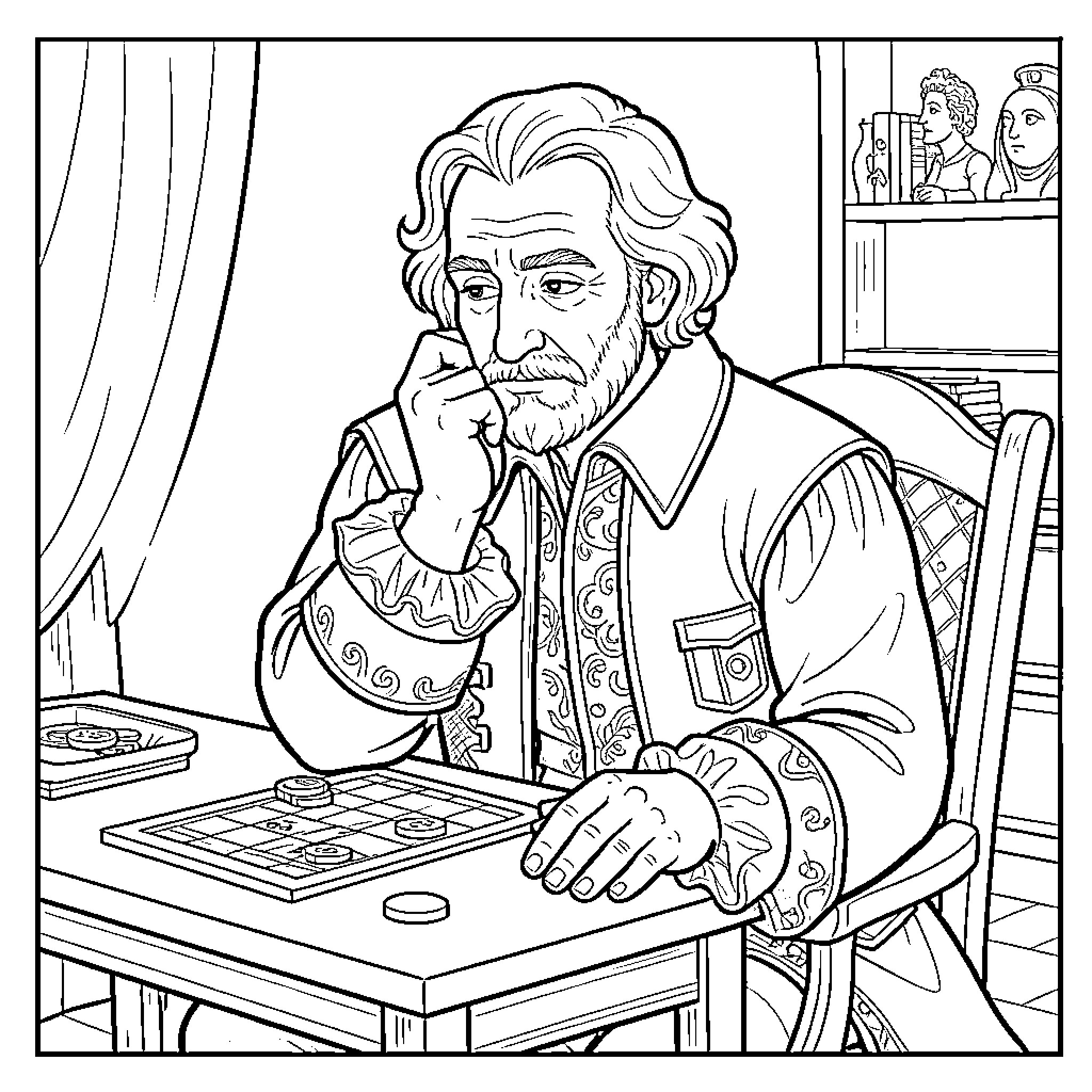 Cervantes contemplates his literary work in study Coloring Page (free black-and-white line drawing printable PDF for all, from beginners to advanced learners, including children, teens, adults, and seniors)