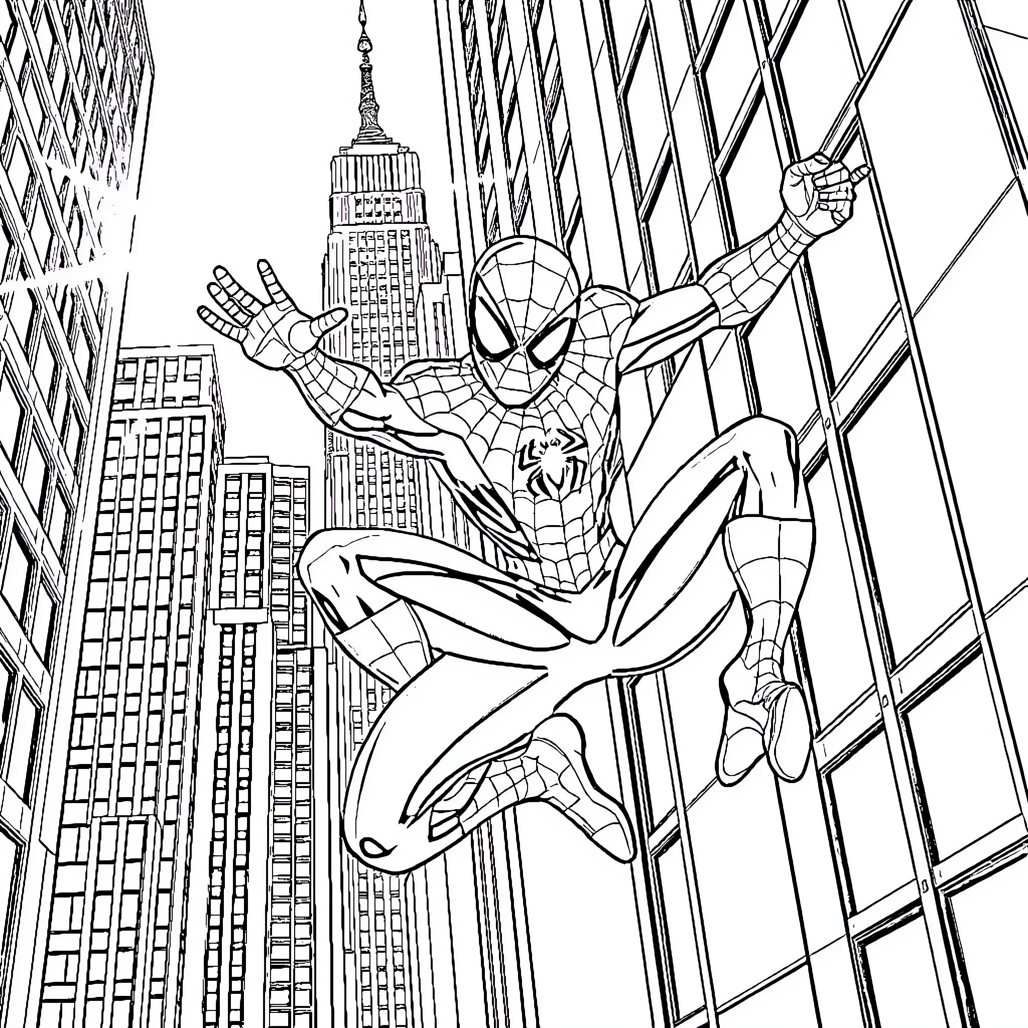 Spiderman swinging through the city skyline Coloring Page (free black-and-white line drawing printable PDF for all, from beginners to advanced learners, including children, teens, adults, and seniors)