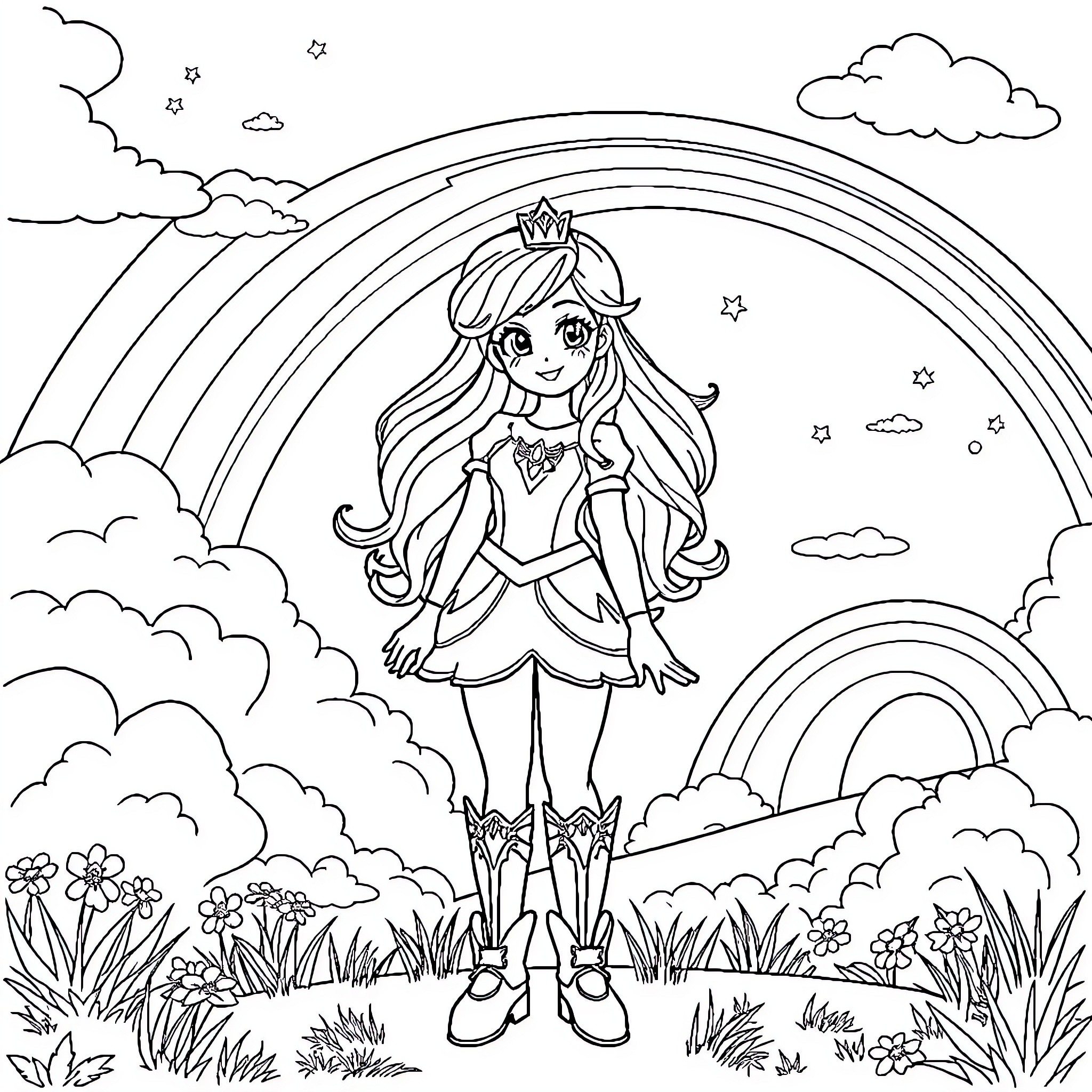 Rainbow Brite exploring a magical landscape Coloring Page (free black-and-white line drawing printable PDF for all, from beginners to advanced learners, including children, teens, adults, and seniors)