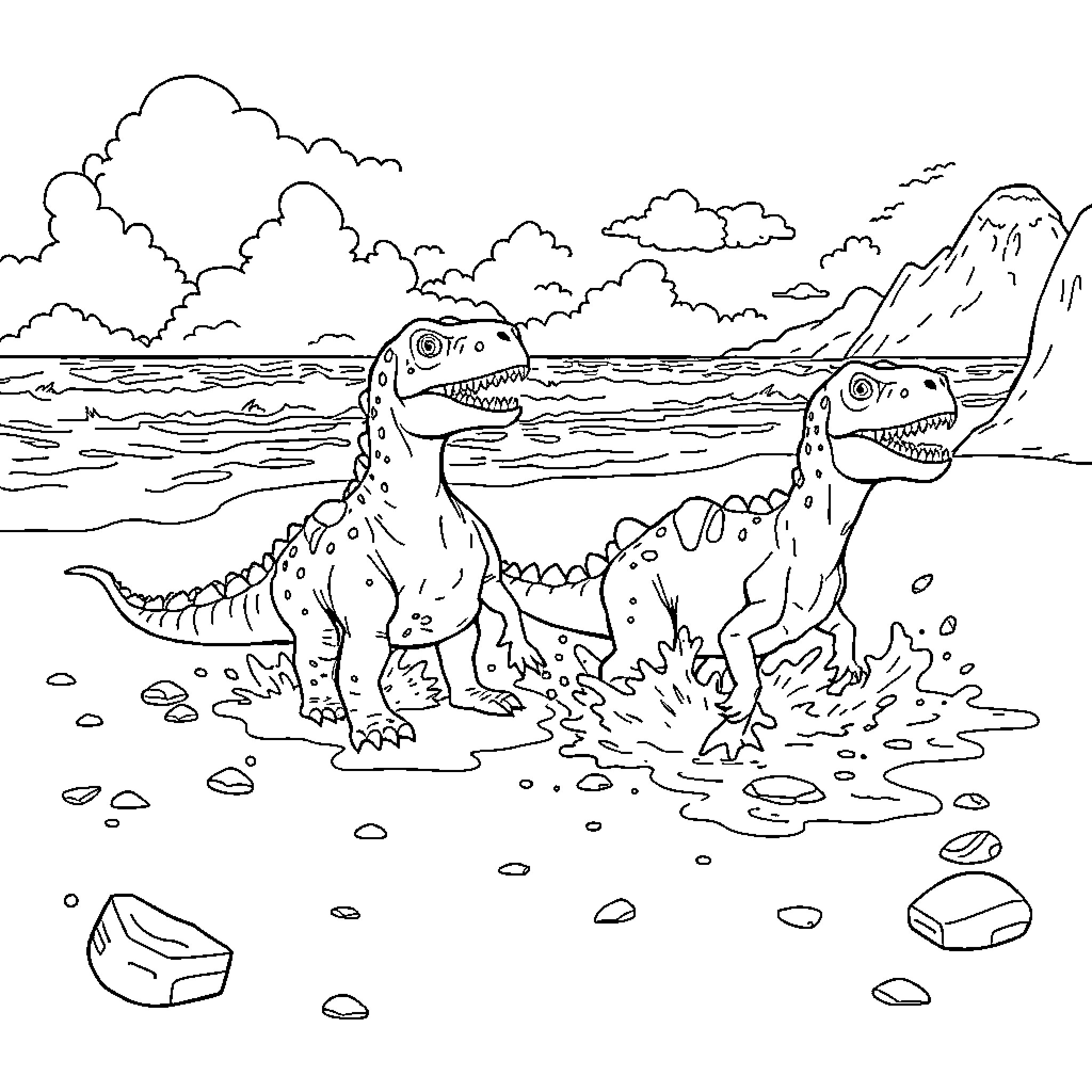 Dinosaurs frolicking in a scenic landscape Coloring Page (free black-and-white line drawing printable PDF for all, from beginners to advanced learners, including children, teens, adults, and seniors)