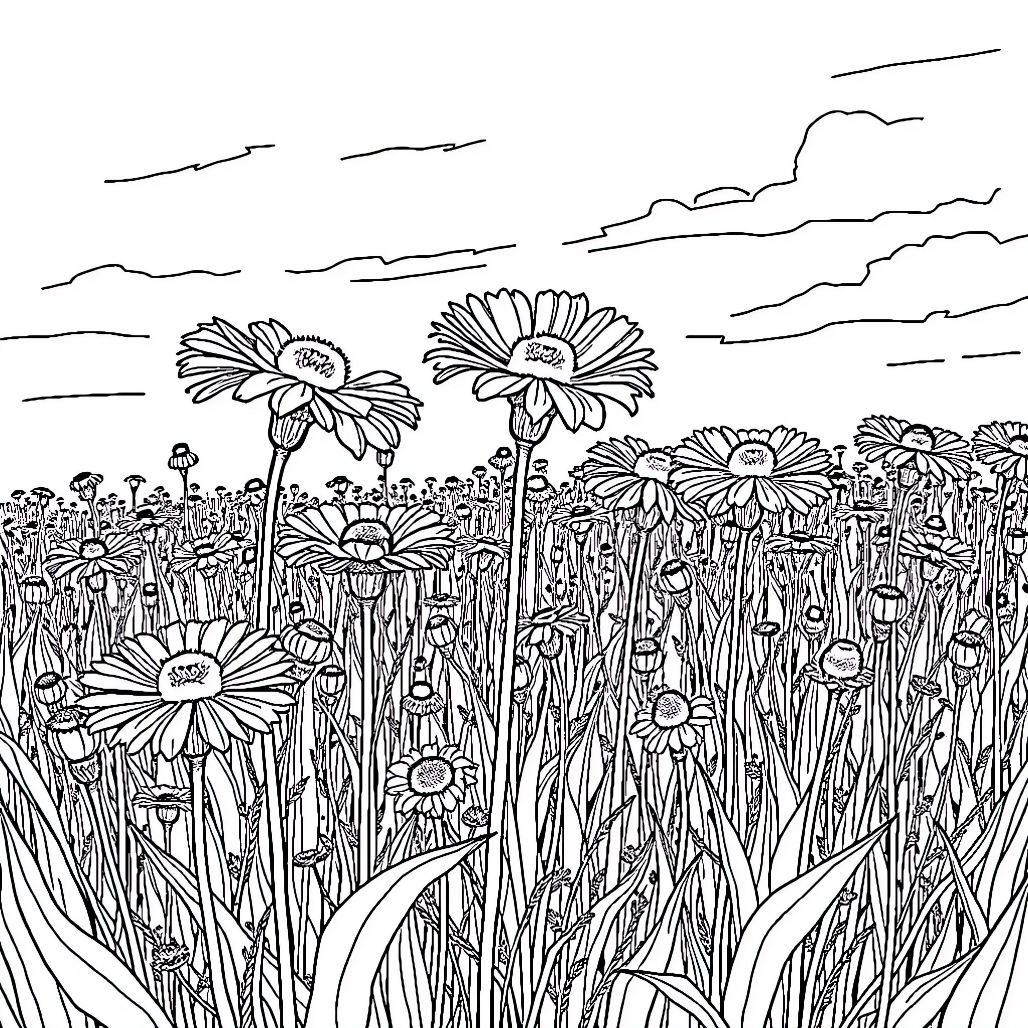 Cornflower field in bloom Coloring Page (free black-and-white line drawing printable PDF for all, from beginners to advanced learners, including children, teens, adults, and seniors)