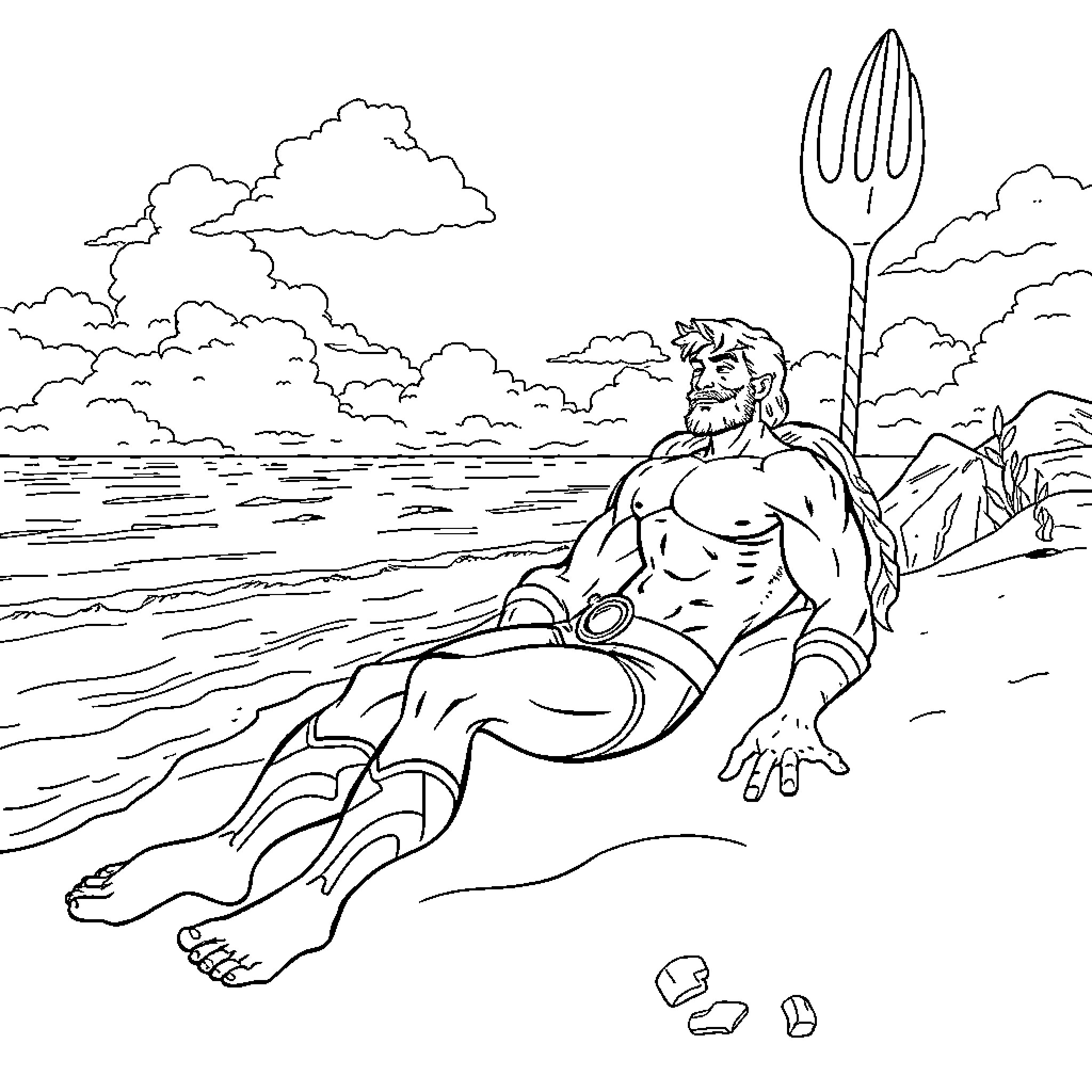 Aquaman relaxing on the beach with his trident Coloring Page (free black-and-white line drawing printable PDF for all, from beginners to advanced learners, including children, teens, adults, and seniors)