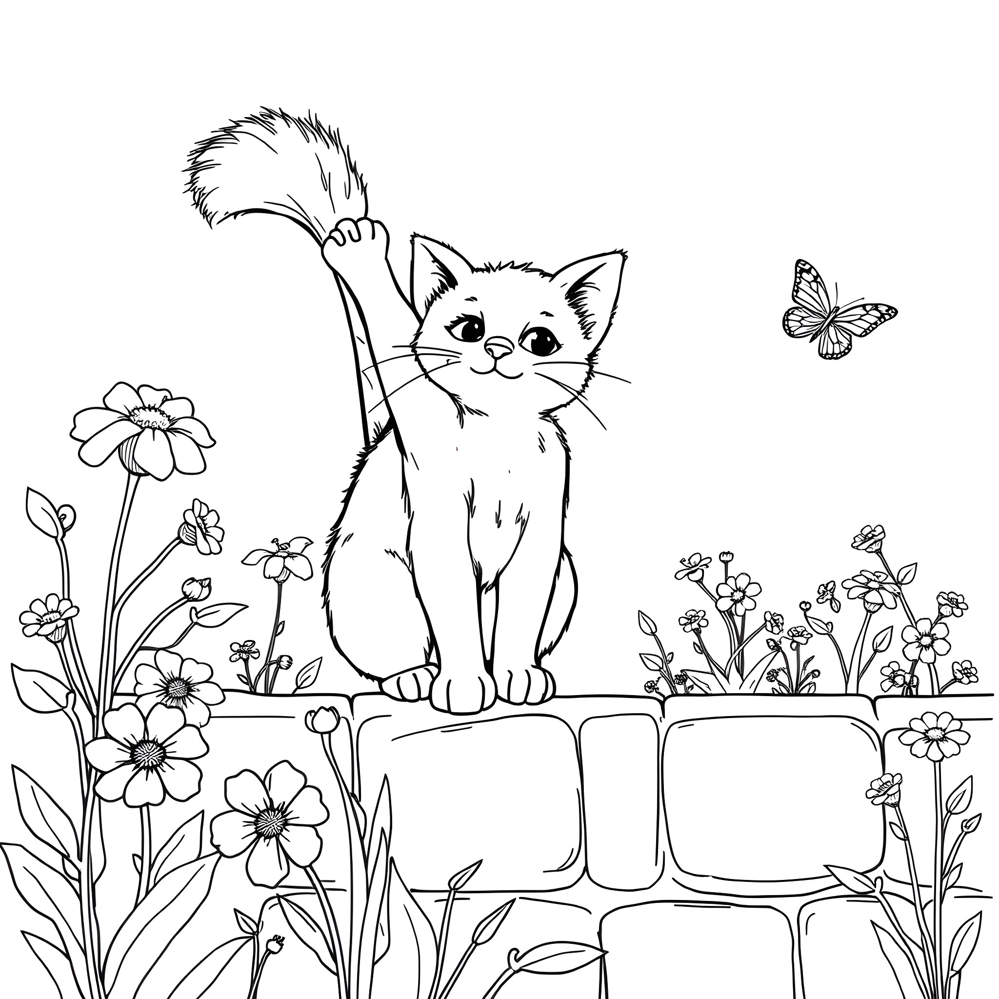 Cat exploring the garden with butterflies Coloring Page (free black-and-white line drawing printable PDF for all, from beginners to advanced learners, including children, teens, adults, and seniors)