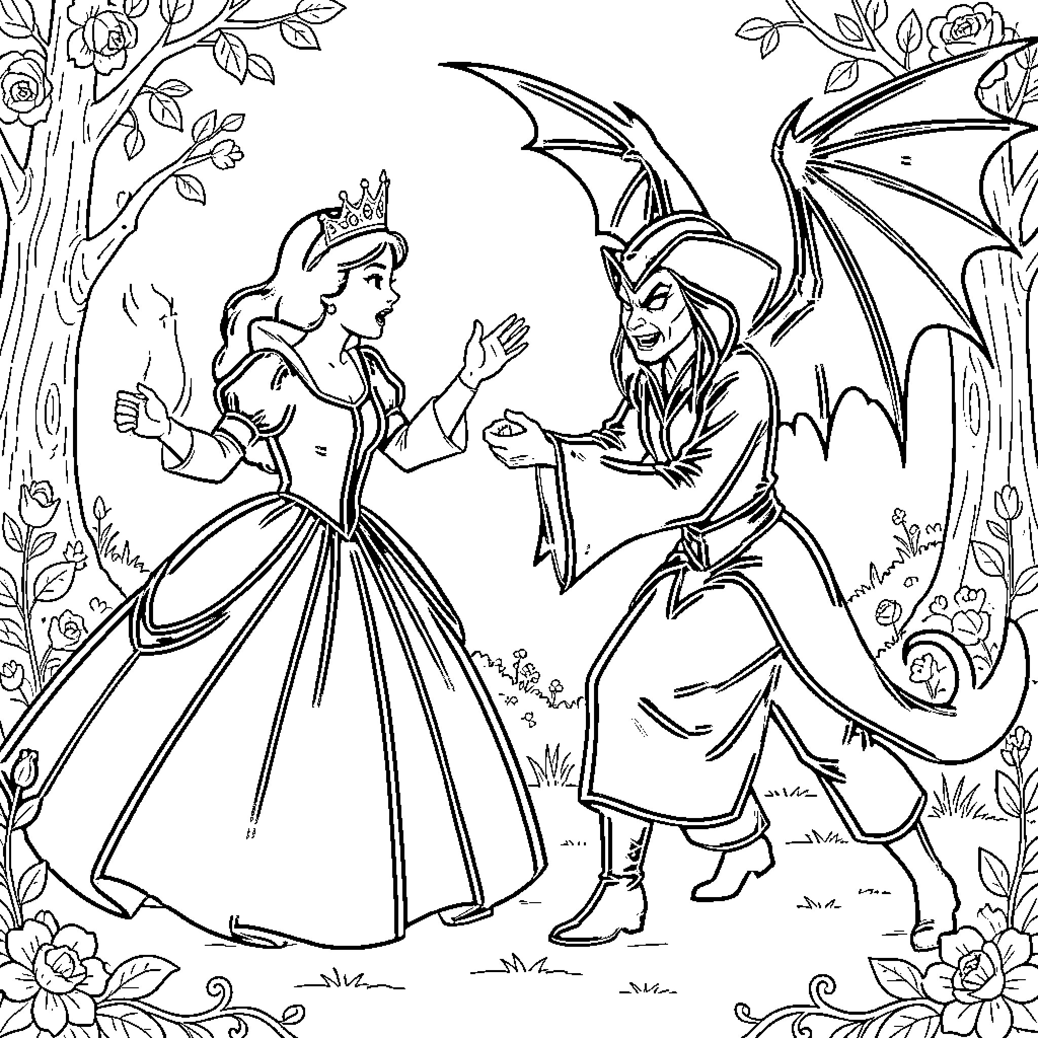 Evil Queen confronting a winged character in a garden Coloring Page (free black-and-white line drawing printable PDF for all, from beginners to advanced learners, including children, teens, adults, and seniors)