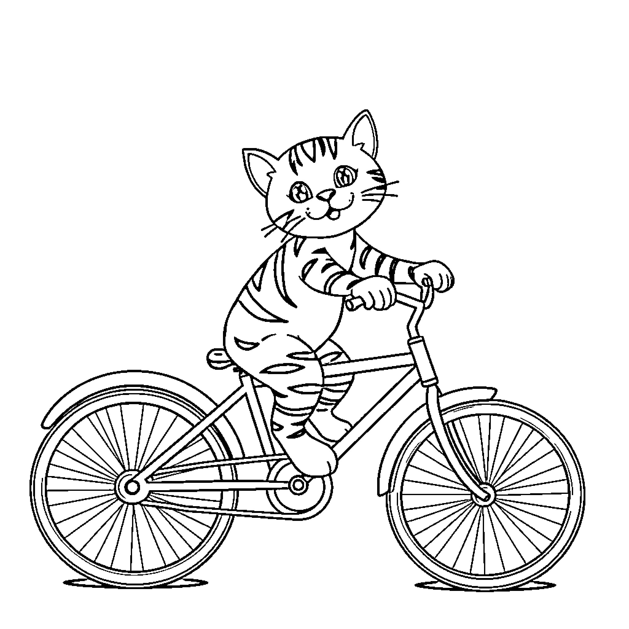 Cat riding a bicycle Coloring Page (free black-and-white line drawing printable PDF for all, from beginners to advanced learners, including children, teens, adults, and seniors)