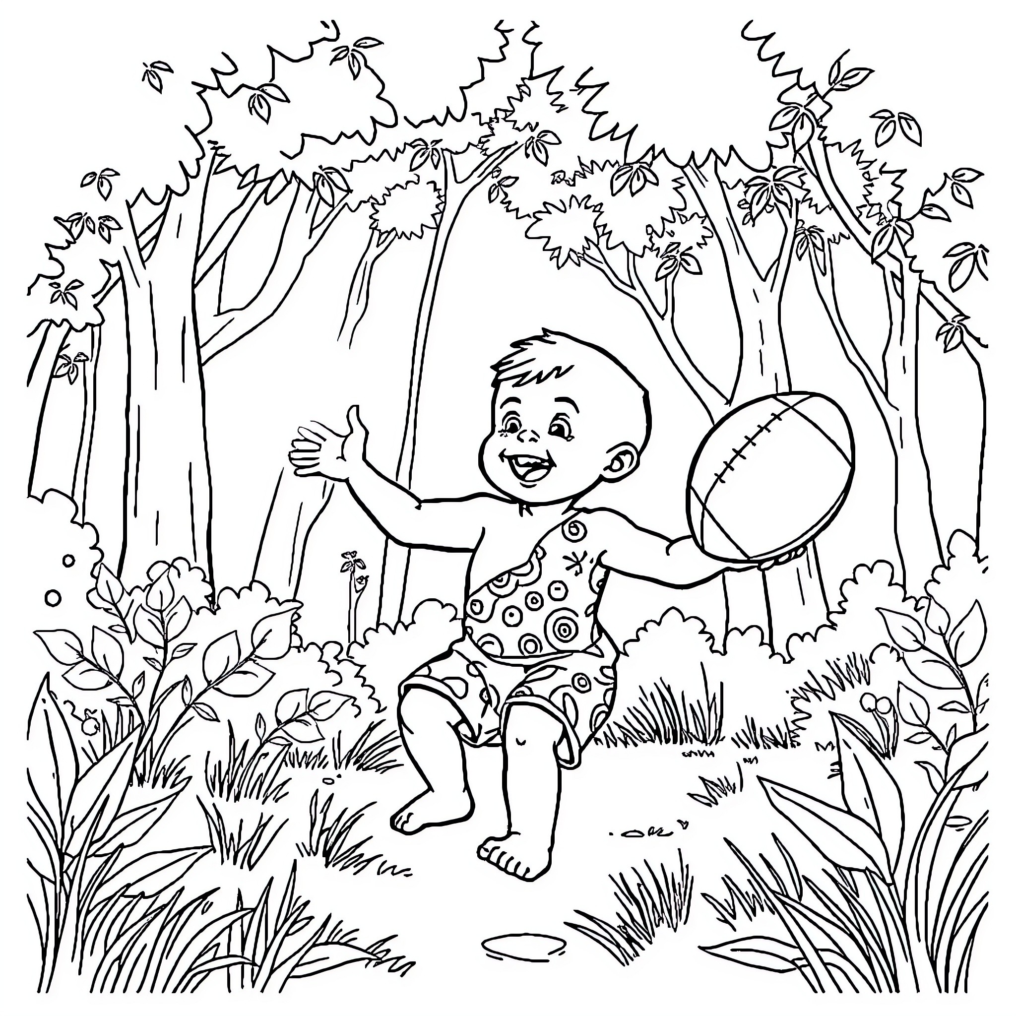Baby Aboriginal Boy Playing Happily in the Forest Coloring Page (free black-and-white line drawing printable PDF for all, from beginners to advanced learners, including children, teens, adults, and seniors)