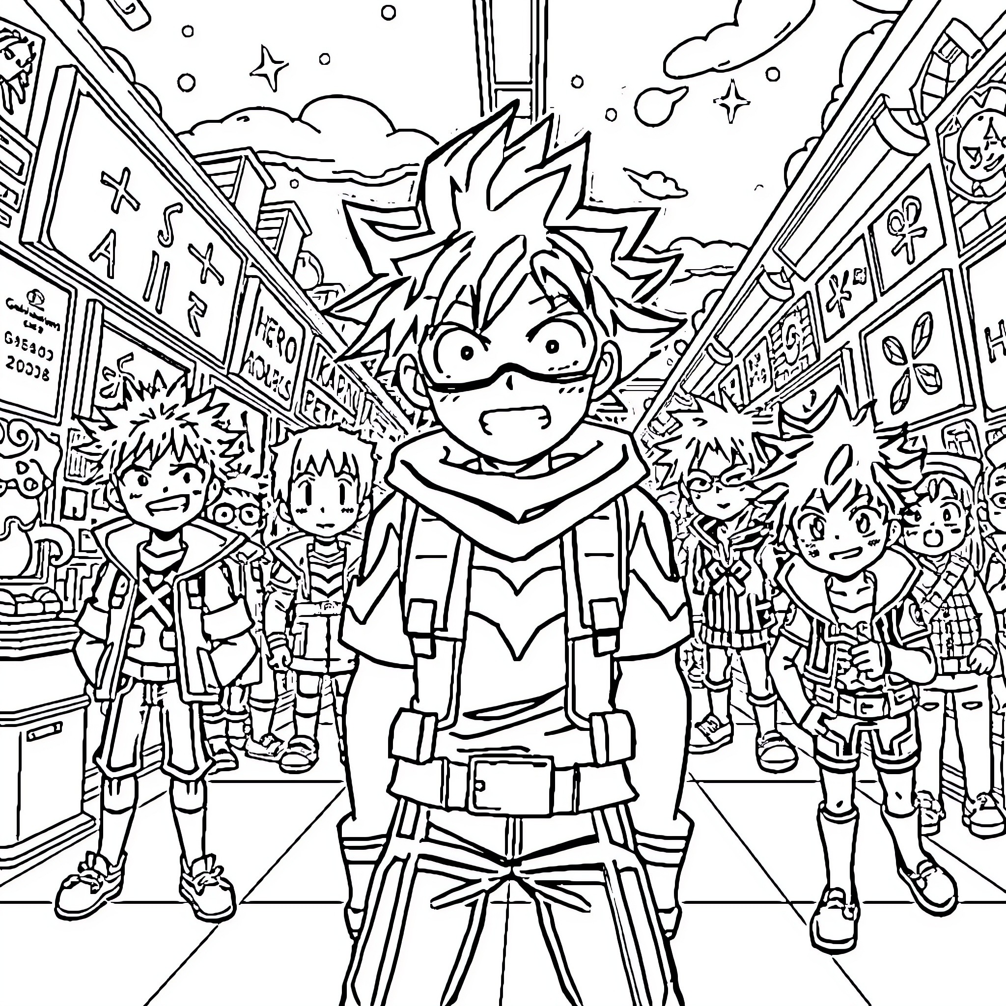 My Hero Academia Heroic Gathering in the City Coloring Page (free black-and-white line drawing printable PDF for all, from beginners to advanced learners, including children, teens, adults, and seniors)