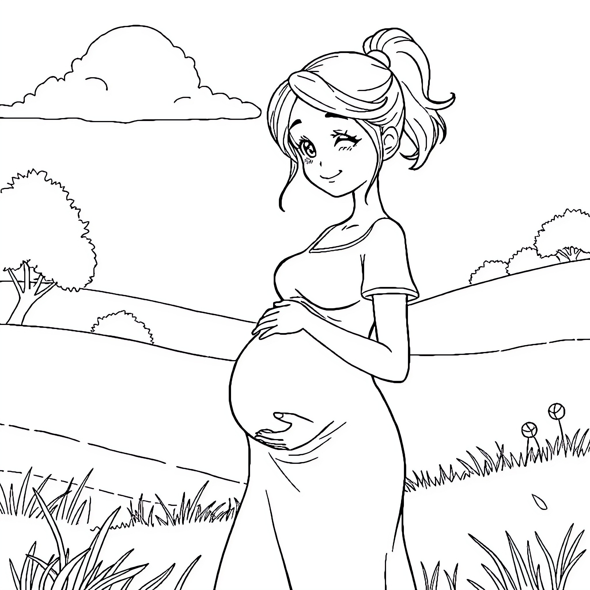 Pregnant Anime Girl in Peaceful Outdoor Setting Coloring Page (free black-and-white line drawing printable PDF for all, from beginners to advanced learners, including children, teens, adults, and seniors)