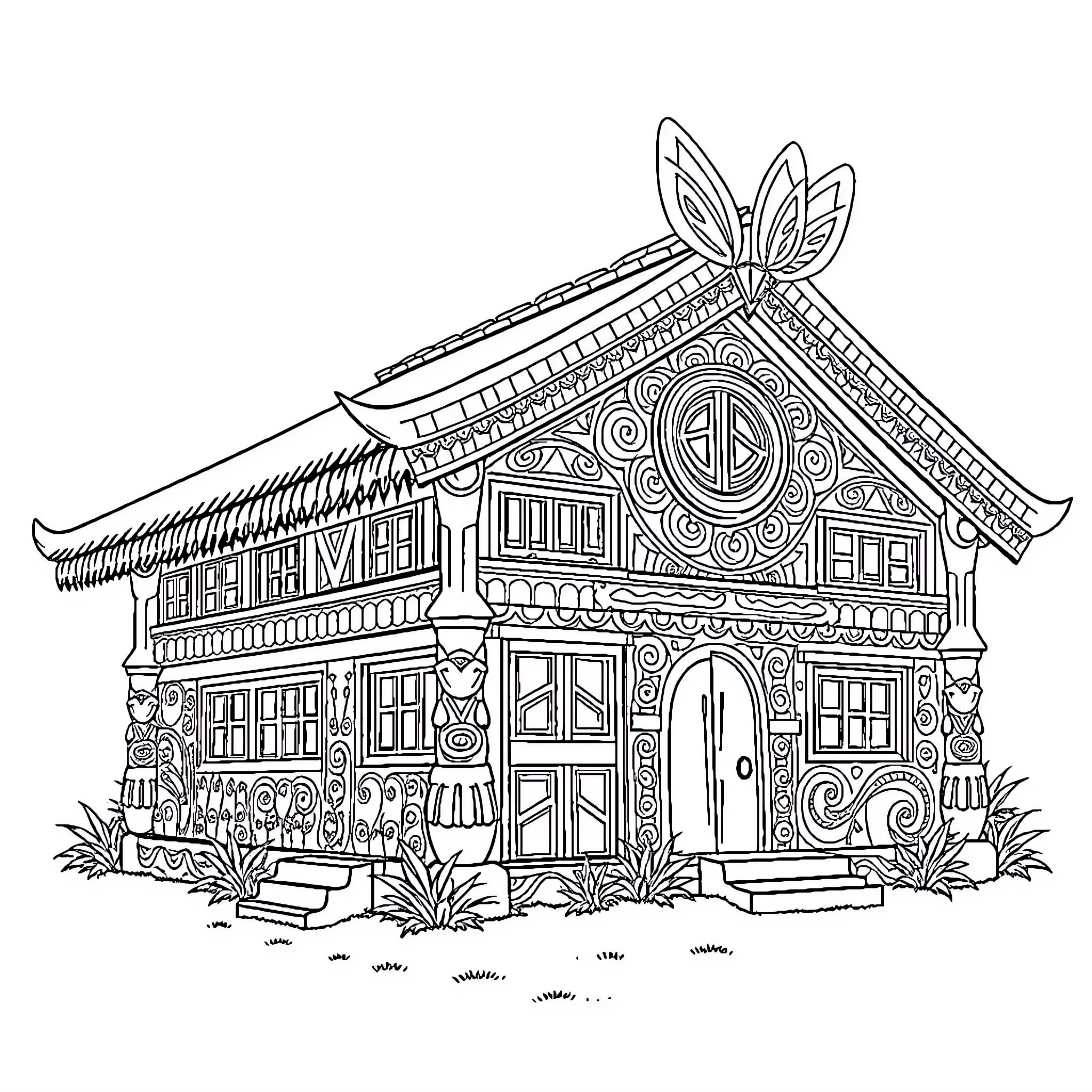 Māori House with Intricate Architectural Designs Coloring Page (free black-and-white line drawing printable PDF for all, from beginners to advanced learners, including children, teens, adults, and seniors)
