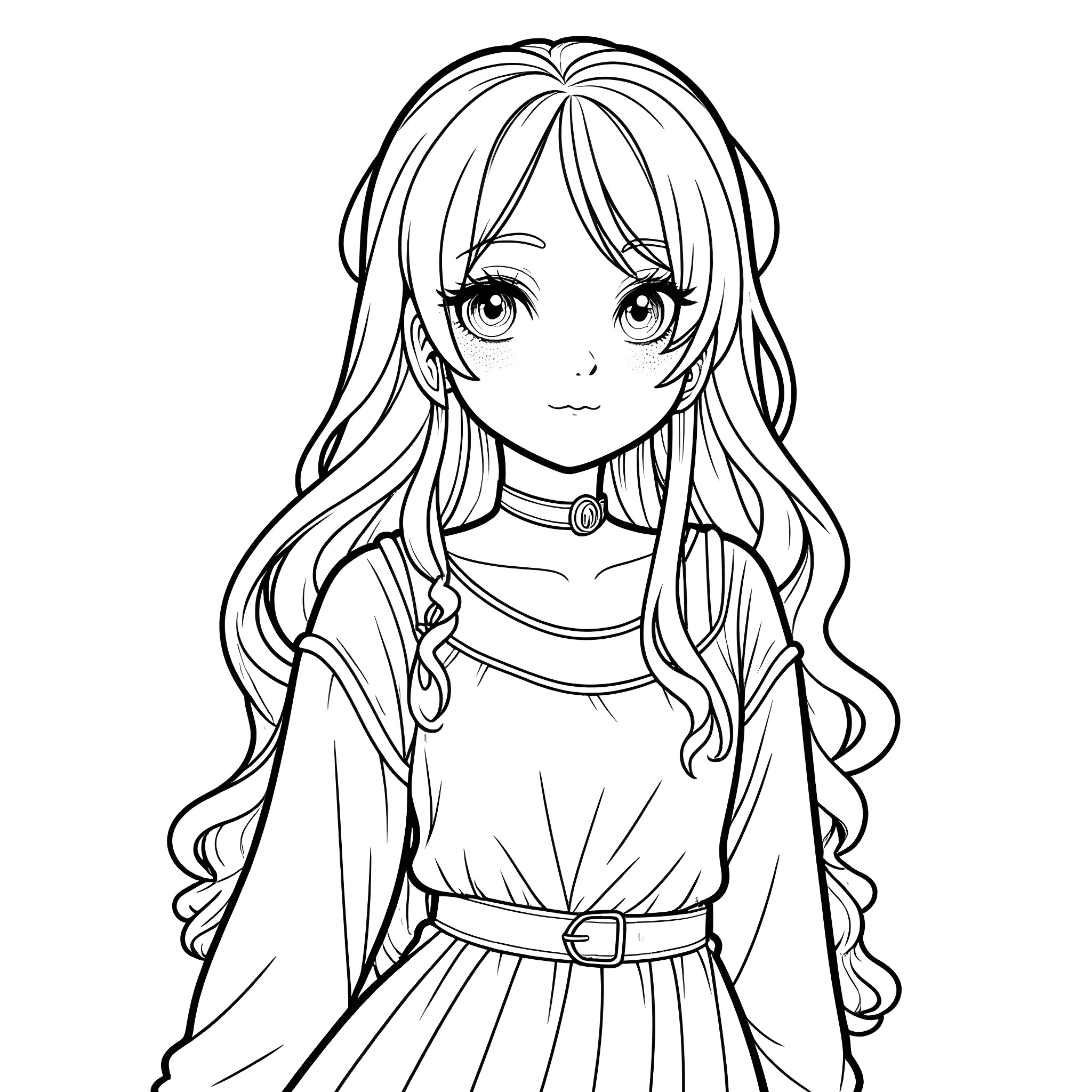 Girl with Long Wavy Hair and Elegant Dress Coloring Page (free black-and-white line drawing printable PDF for all, from beginners to advanced learners, including children, teens, adults, and seniors)