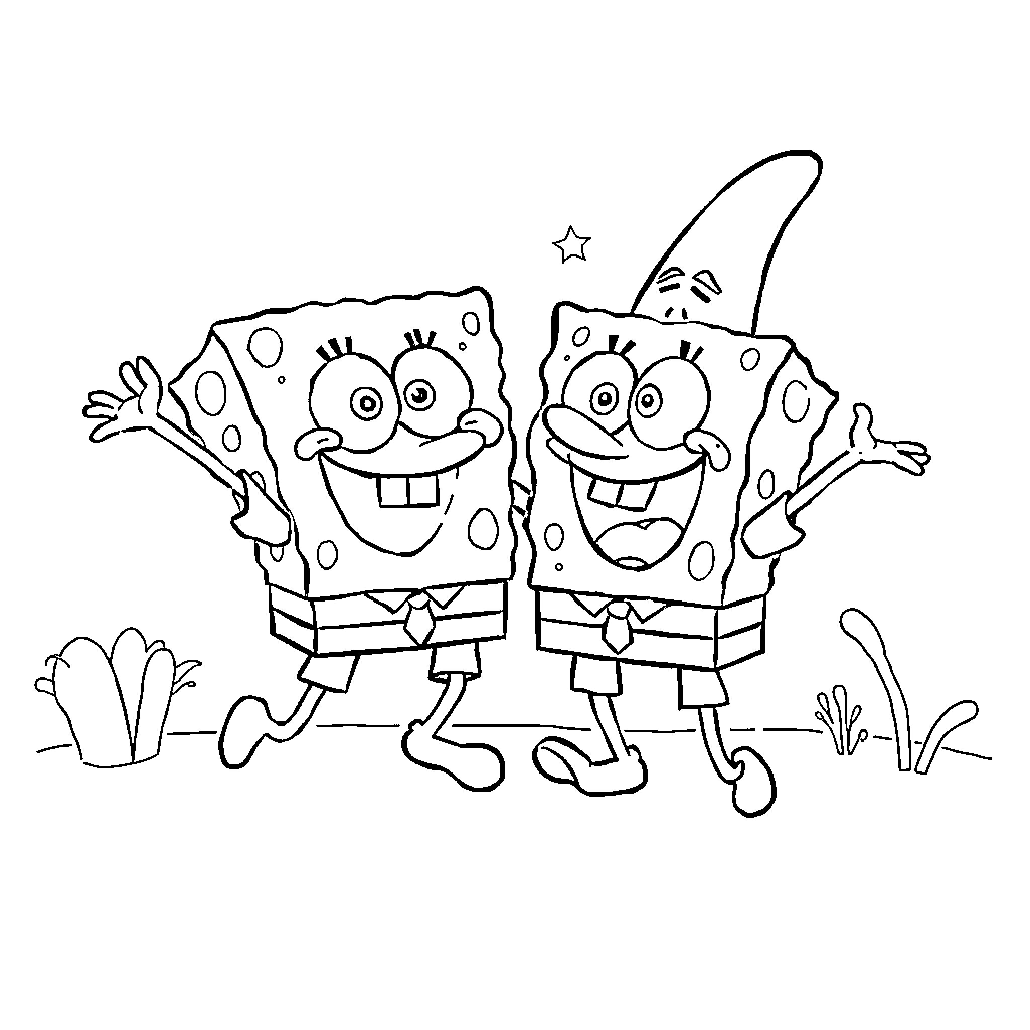 Spongebob and Patrick in an excited pose Coloring Page (free black-and-white line drawing printable PDF for all, from beginners to advanced learners, including children, teens, adults, and seniors)
